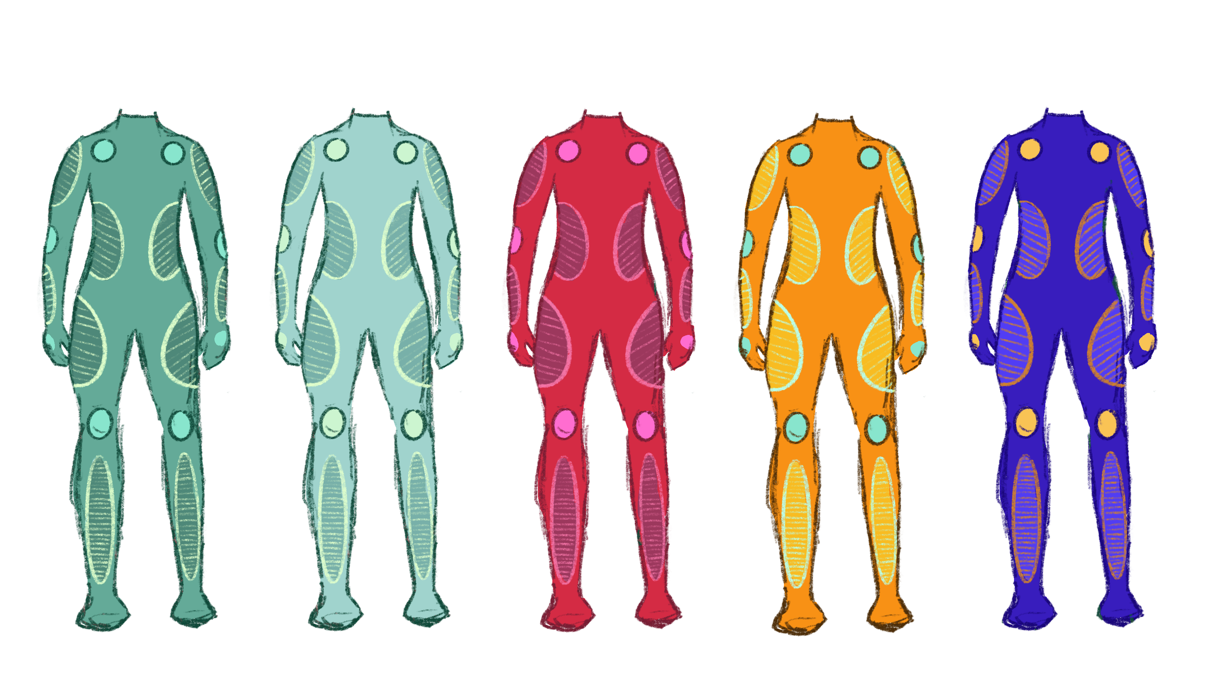 Six colorful, superhero-style suits in a line: turquoise, mint green, red, orange, royal blue, and dark blue, each with decorative patterns.
