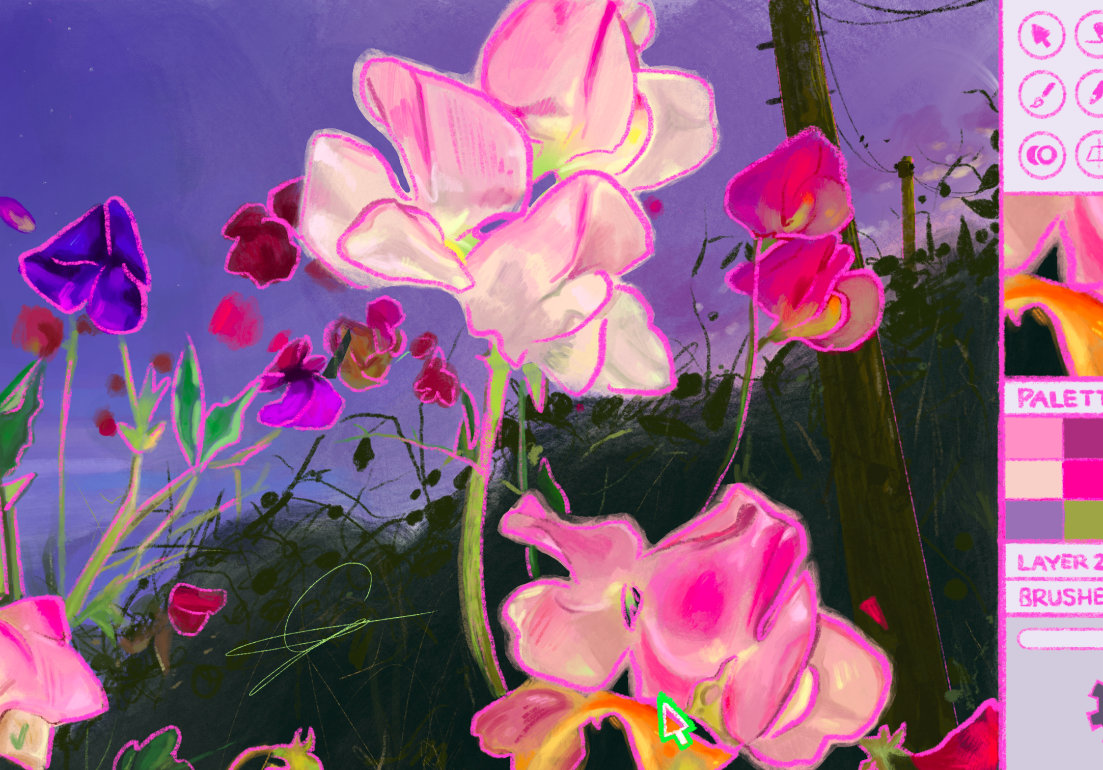 Digital art of pink and purple flowers against a sky background, with graphic user interface elements on the right side.