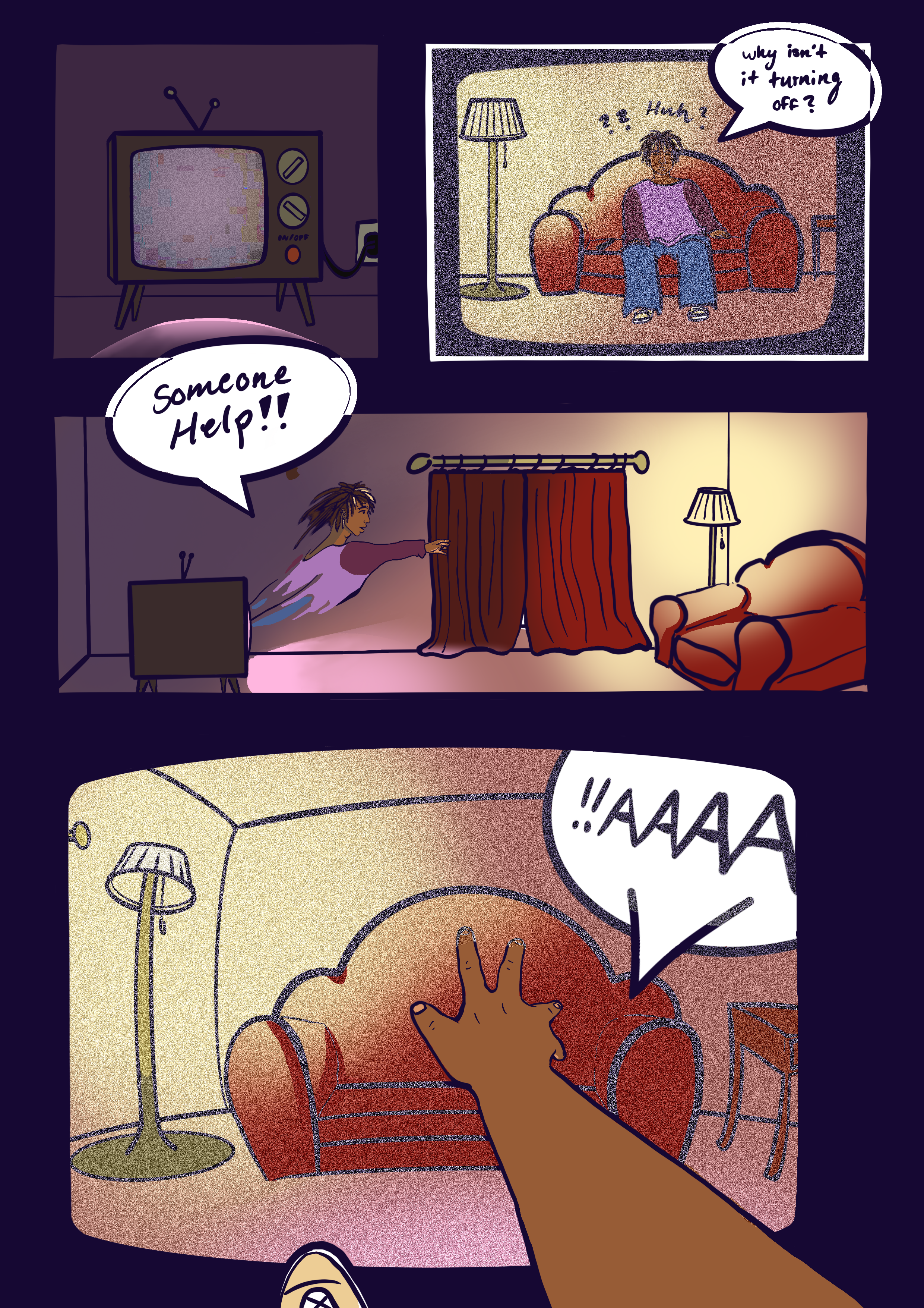 Comic strip showing a person trapped in a room with a lamp, a television, and a curtain. A hand reaches out with a peace sign, while other hands lower the curtain and reach toward it. Speech bubbles reading 'Someone Help!!', 'why isn't it turning off?', and 'AAAA' appear in the scene.