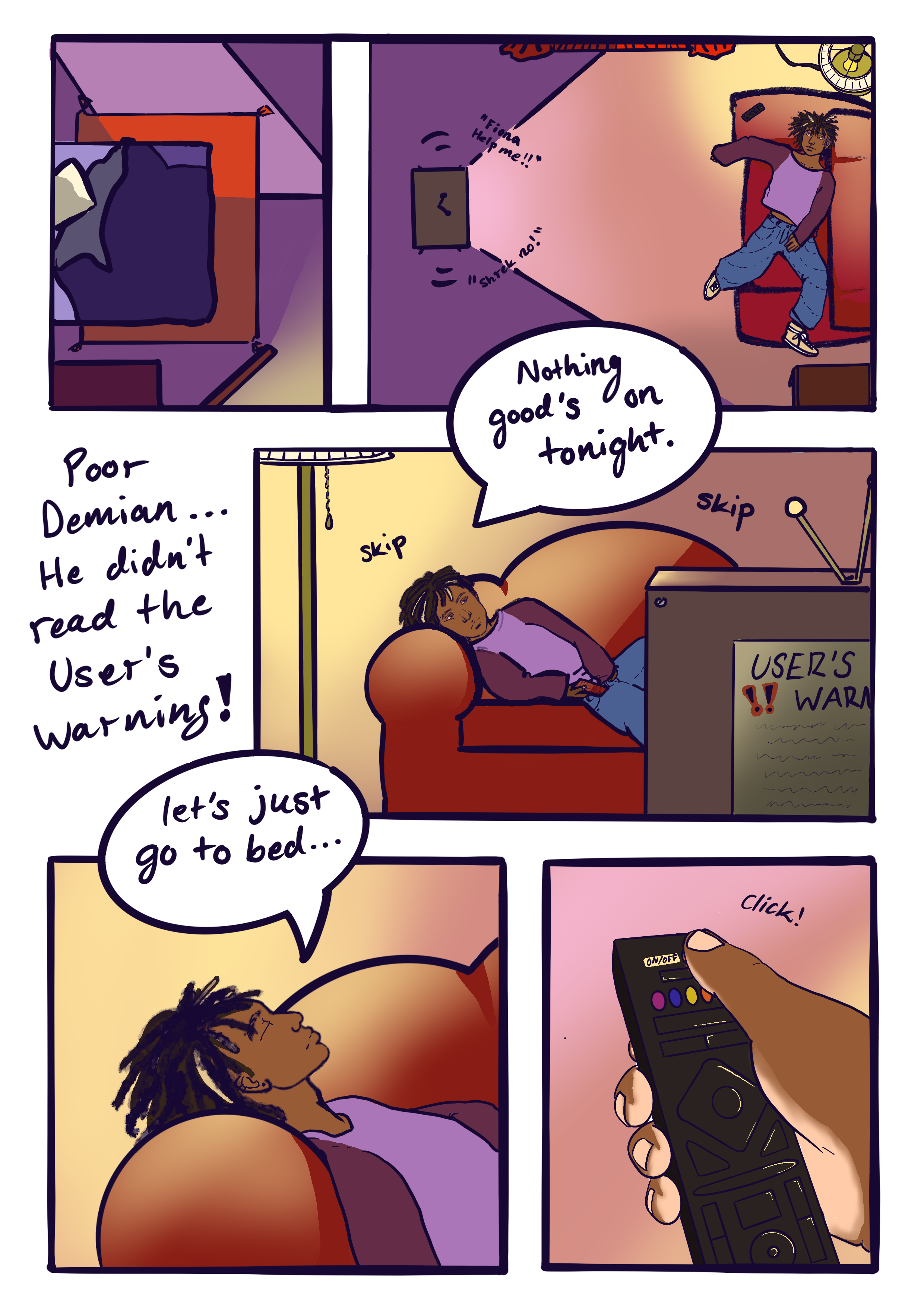 A comic strip showing a person lying on a bed, then watching television and falling asleep, with a remote control in hand. The comic includes dialogue about the TV not working and the user's warning, with someone else saying that the TV didn't read the user’s warning.