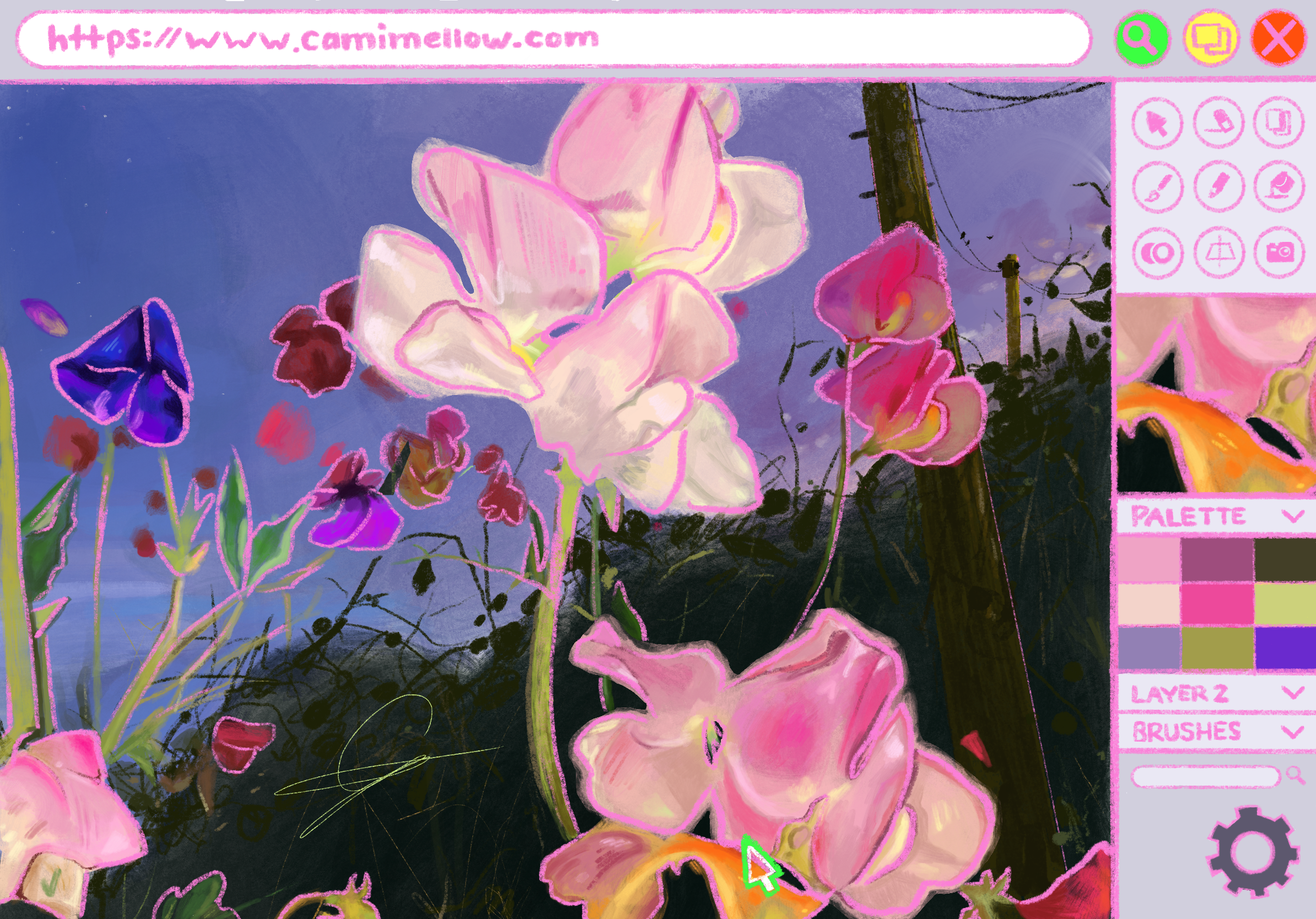 A digital illustration of pink, purple, and yellow flowers set against a dark background resembling a computer interface with pink highlights, buttons, and color palette options.