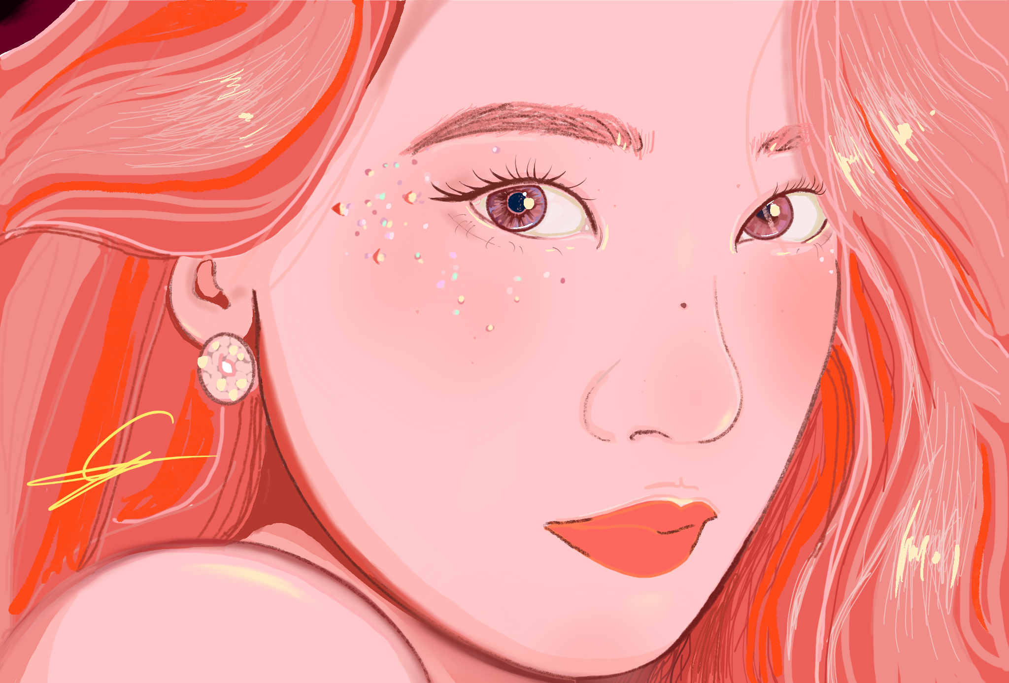 Digital illustration of a woman with long, wavy red hair, wearing large round earrings with a floral design, and pink makeup with glitter on her cheeks, looking over her shoulder.