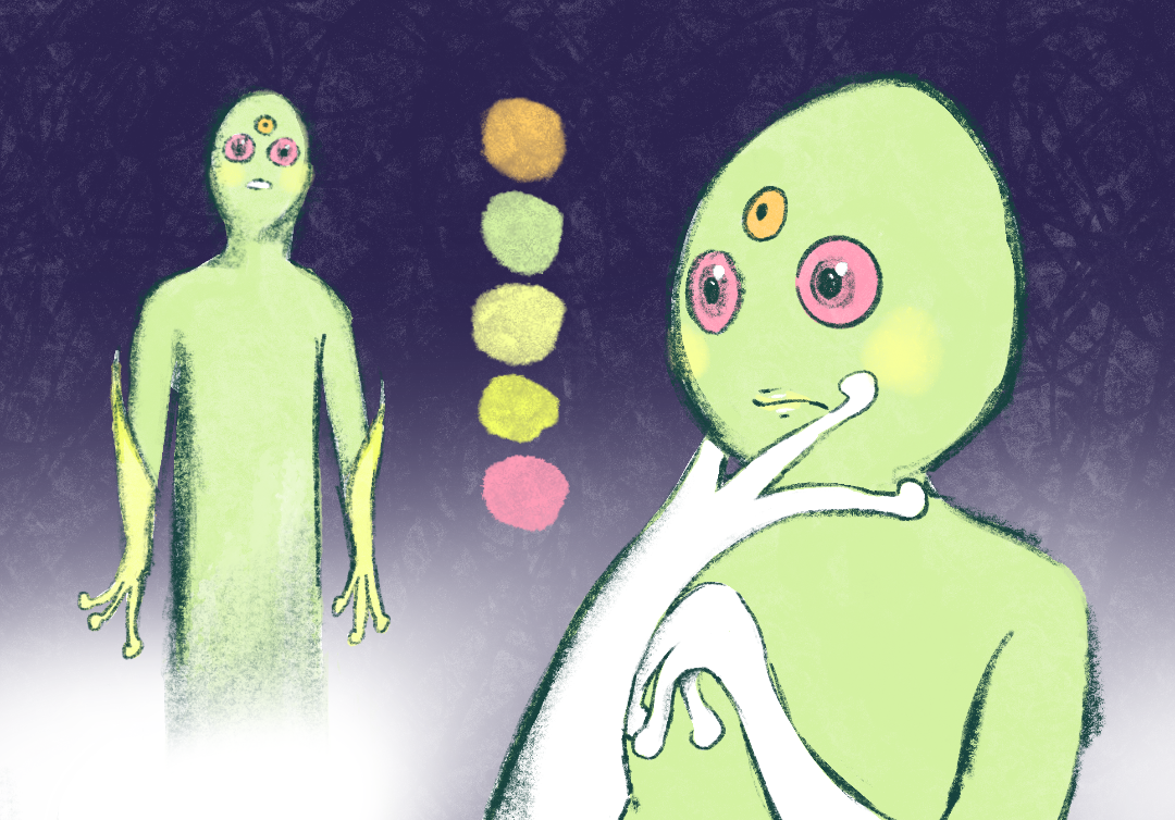 An illustration of two green, alien-like beings with multiple pink eyes, set against a dark background with floating colorful dots. One alien has its hand on its chin, appearing thoughtful, while the other is standing in the background.