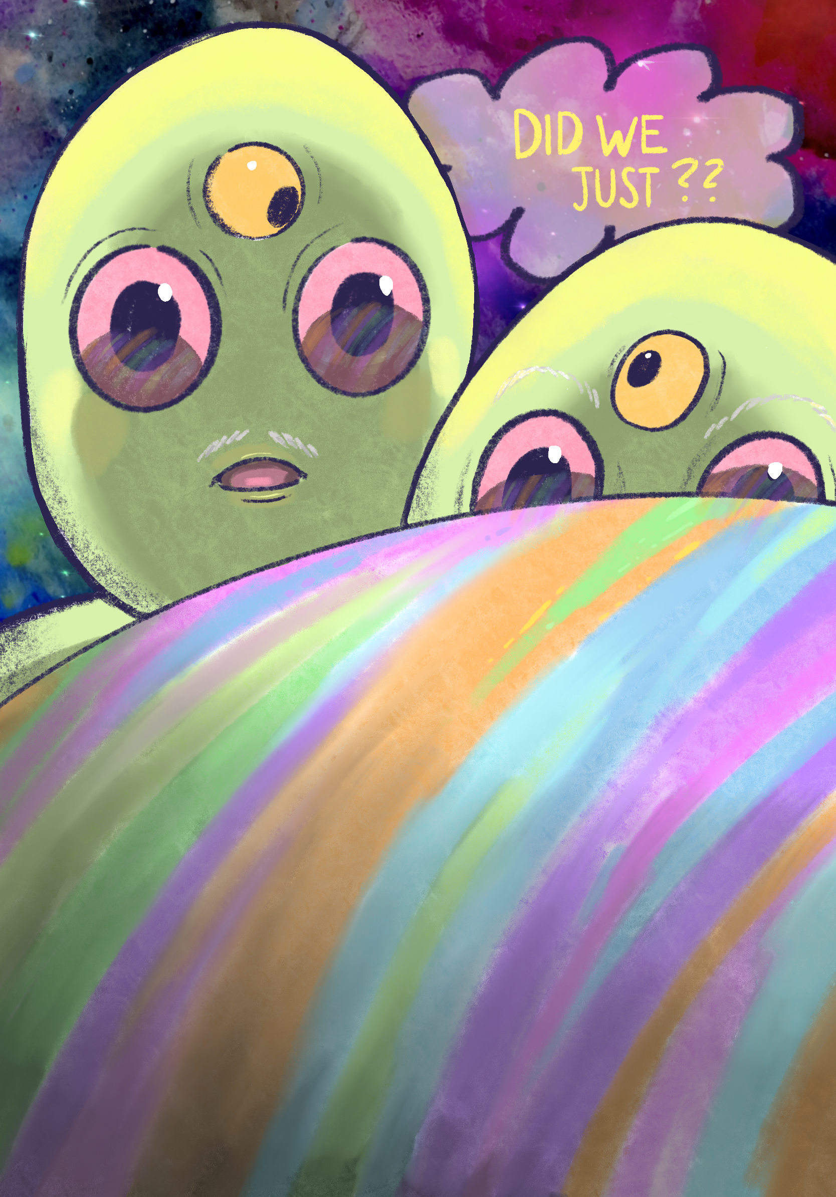 Colorful digital illustration of two cute aliens with three eyes and big expressive eyes, standing on a rainbow-colored surface with a vibrant galaxy background. One alien has a surprised expression with a speech bubble that says, 'Did we just??'