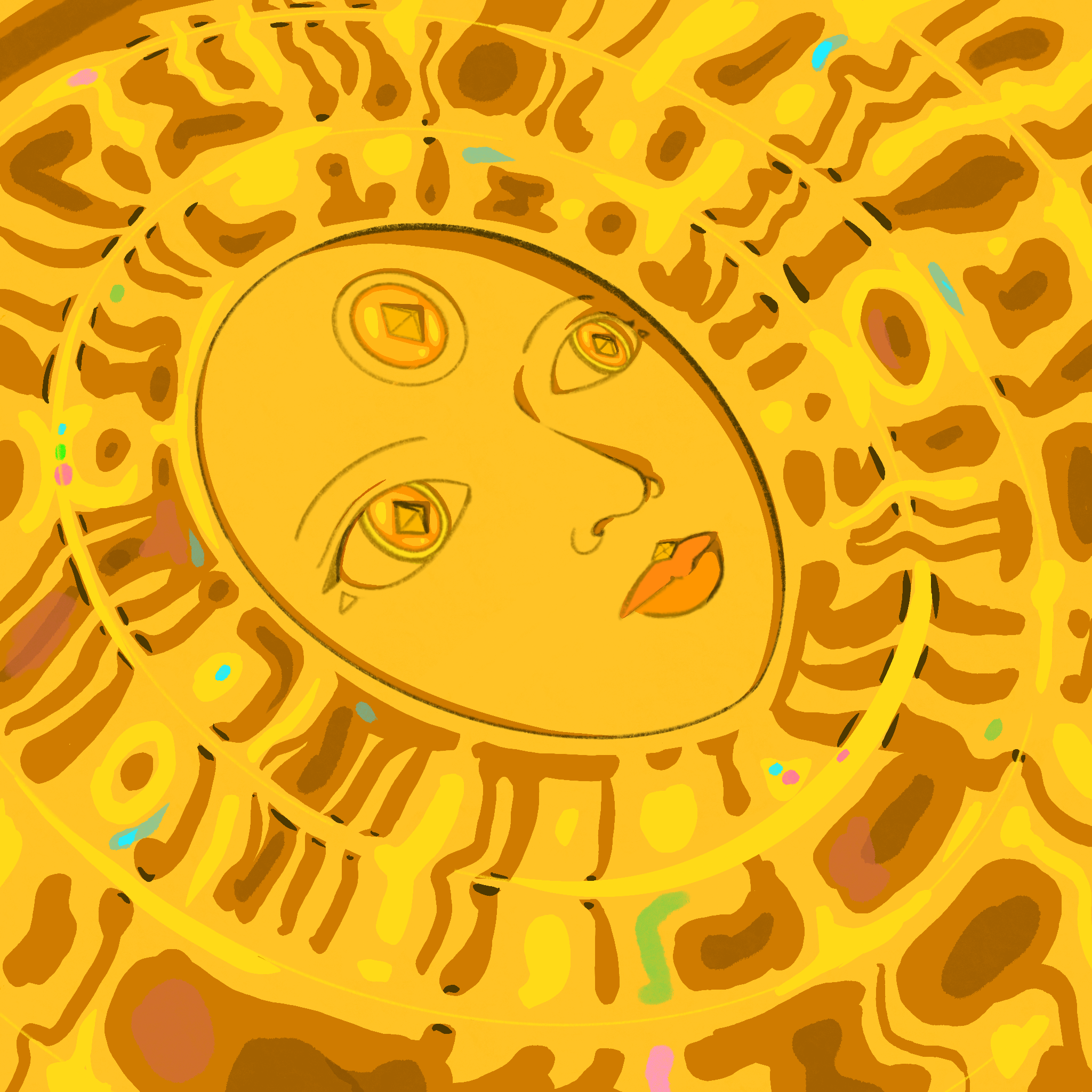 Abstract digital artwork with swirls and patterns in various shades of yellow and brown, with small accents of pink, green, and blue.