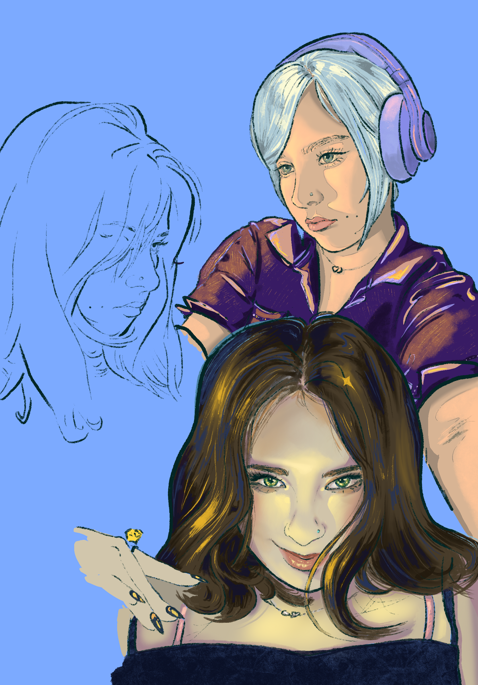 Digital artwork of a woman with long, wavy brown hair and green eyes, wearing a black top with pink straps, holding a smartphone with painted nails and jewelry. A blonde woman with headphones appears in the background, with only her face partially dr