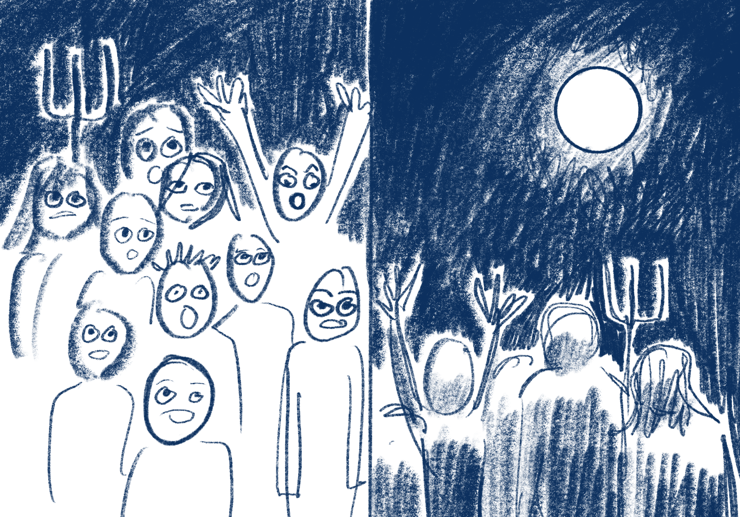 Line drawing of a group of people with surprised expressions looking at a bright object in the sky.