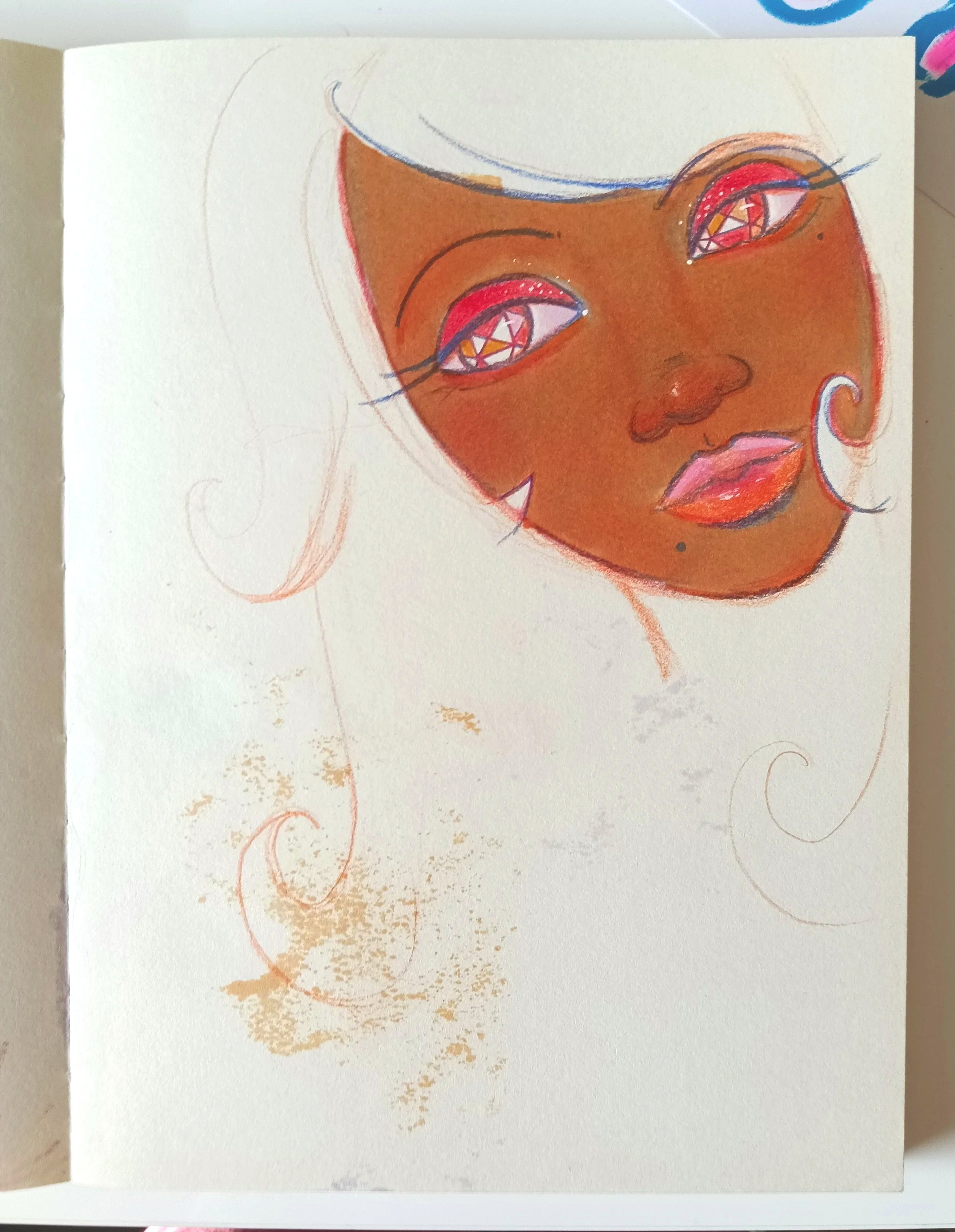 A colorful drawing of a woman's face with brown skin, big eyes with red and white details, a small nose, and full pink lips. The face features expressive lines and shading, with some unfinished pencil sketches visible around it.