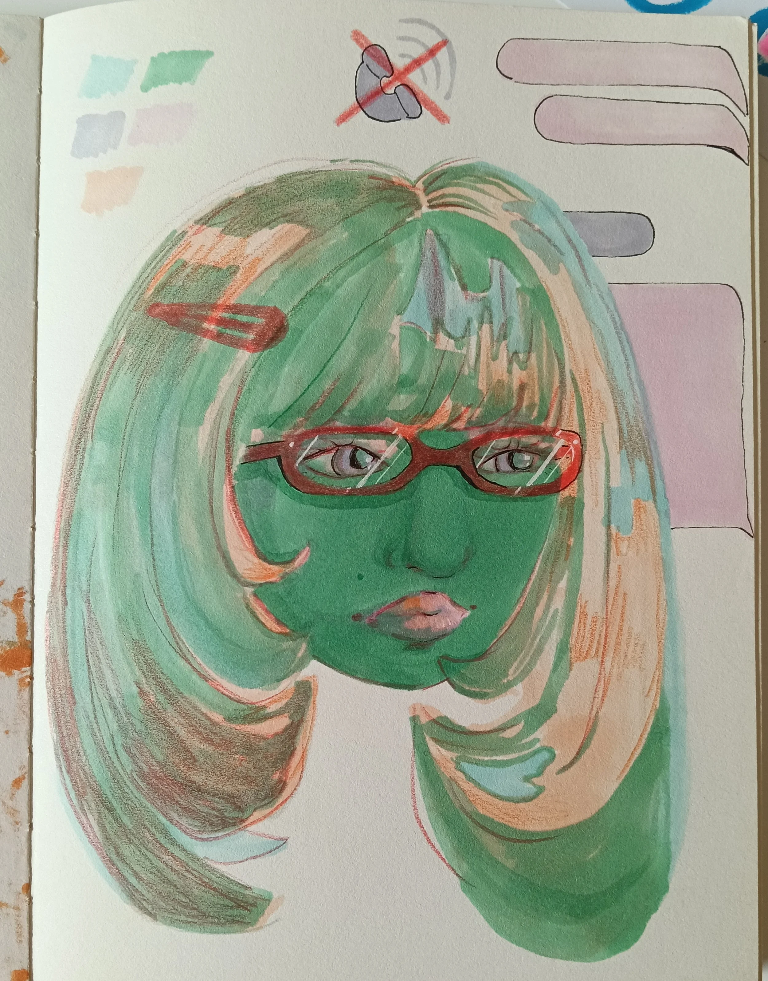 Colorful drawing of a person's face with green skin, red sunglasses, and gray hair, with a rainbow halo effect around the face.