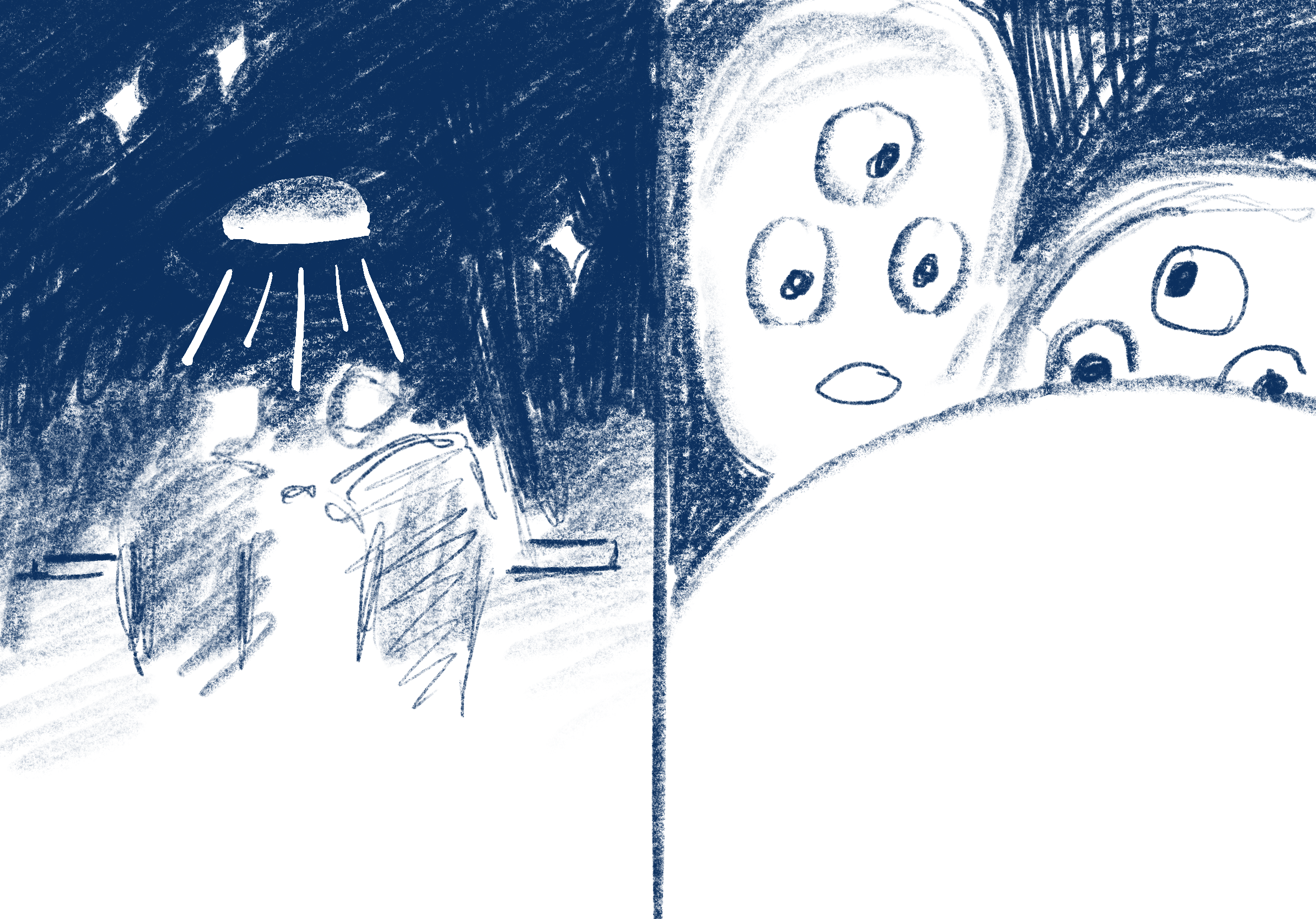 A blue and white sketch of two aliens in space, with a star and sparkles in the background.
