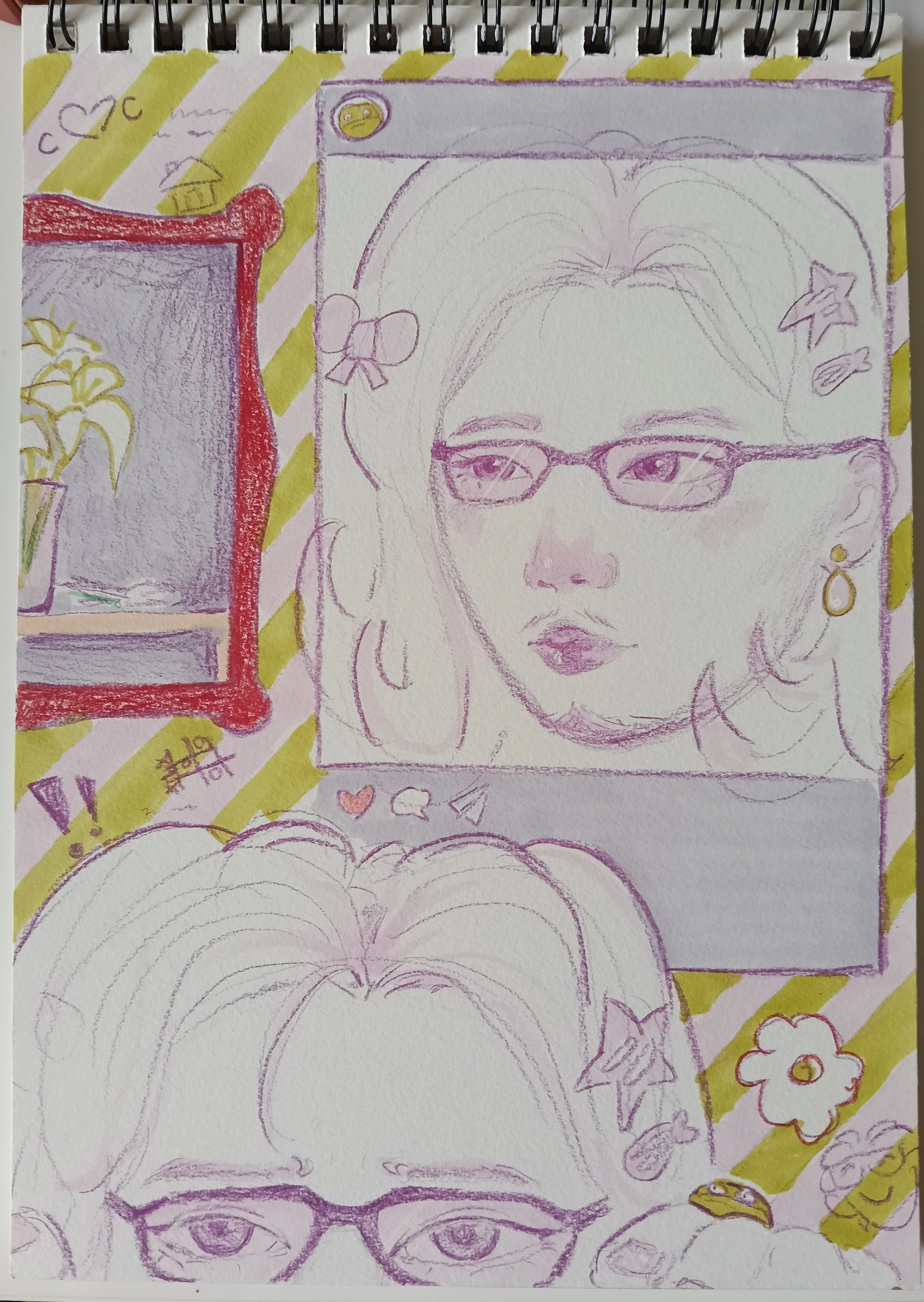 A drawing of a man wearing glasses, with long hair, earrings, and lipstick. The sketch is done with purple and yellow markers, with some parts filled in and others in outlines. The background features striped yellow and purple patterns, flowers, star