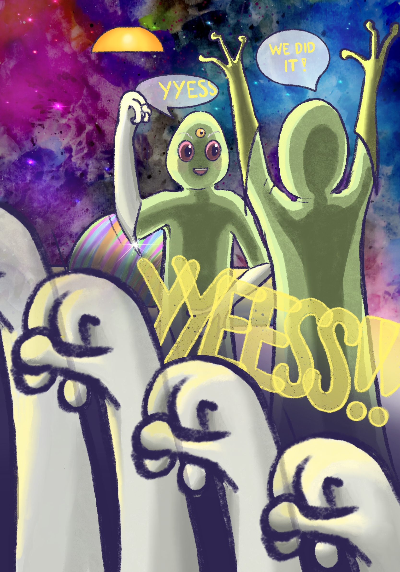 Two cartoon aliens with green skin, large pink and black eyes, and a third eye on their foreheads, are celebrating victory in space. One alien is flexing its arm with a speech bubble saying 'YESS', and the other alien has a speech bubble saying 'WE DID IT!'. They are surrounded by a colorful galaxy background with stars, a rainbow, a yellow sun, and a yellow sketch of a creature in the foreground.