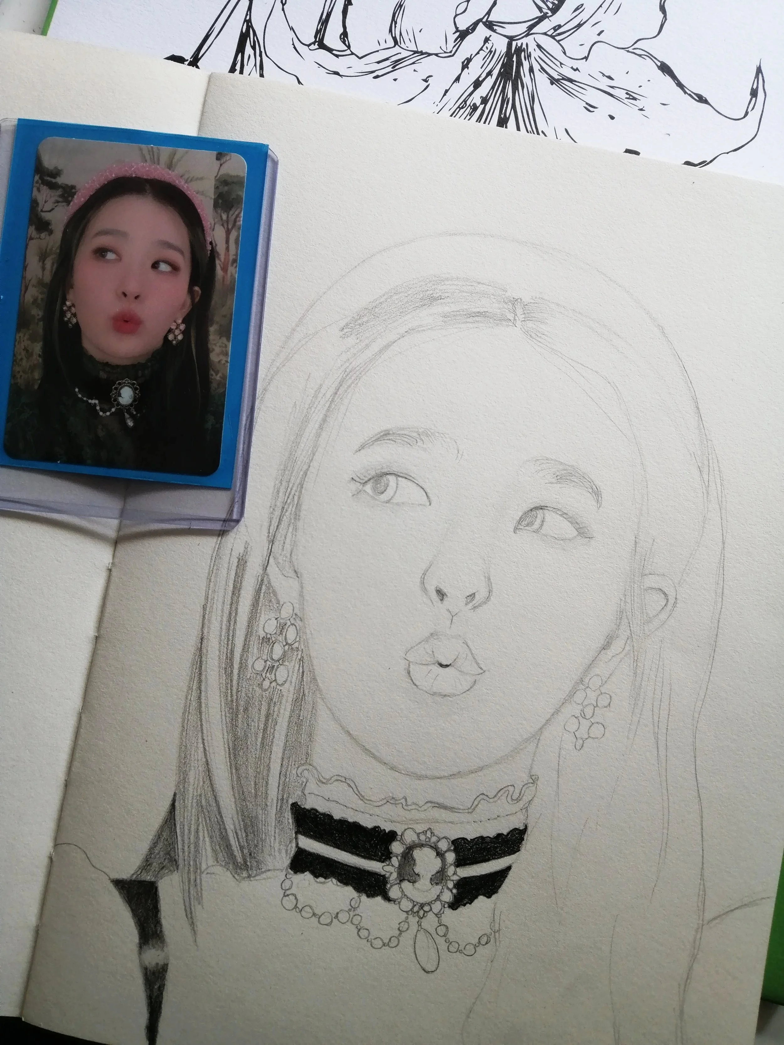 A pencil sketch of a woman wearing jewelry, including earrings, necklaces, and a belt, with her face turned slightly to the side, and a detailed background that appears to be a portrait or a figure.