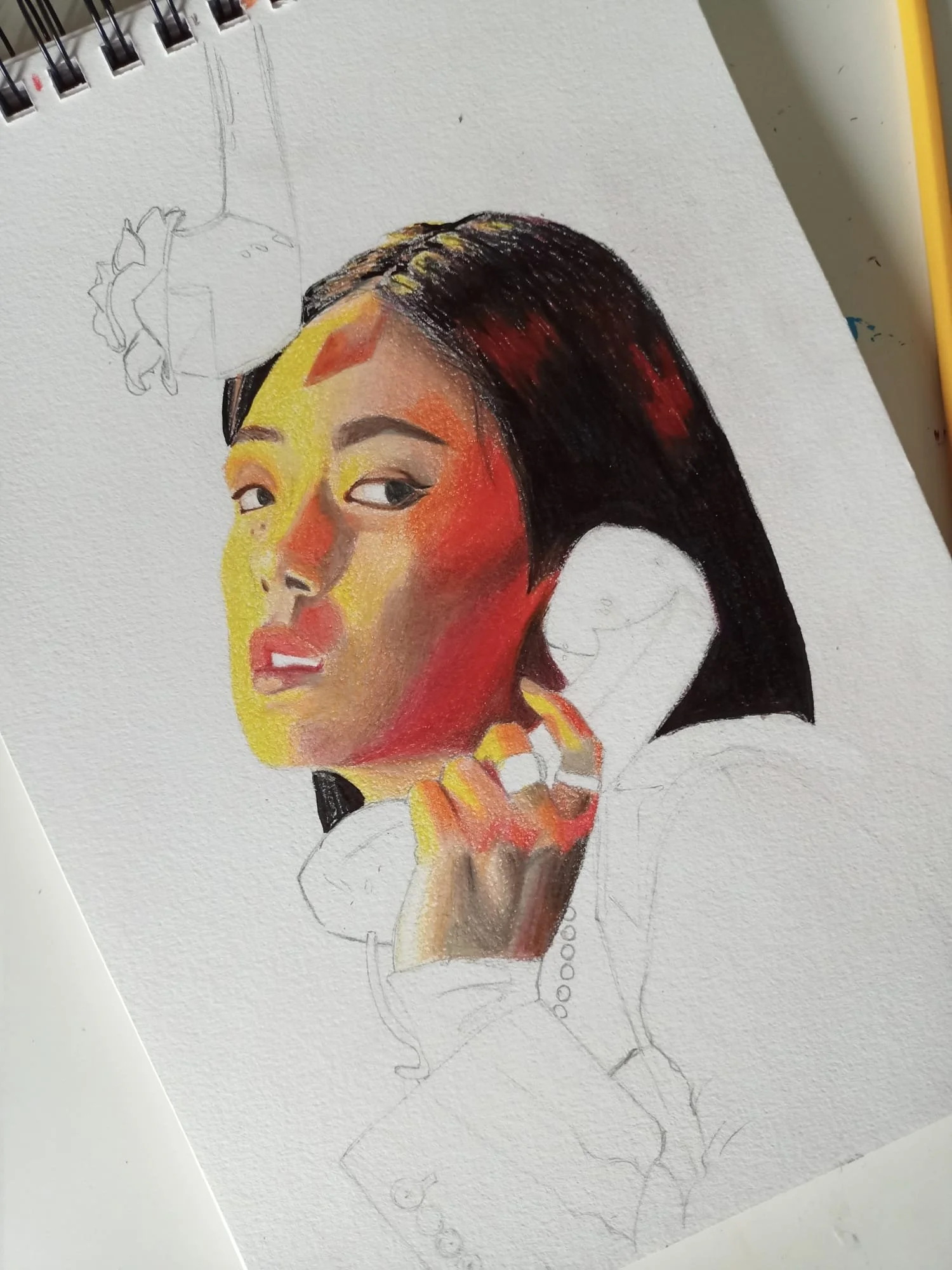 A partially completed colored portrait of a woman with dark hair, red highlights, and traditional jewelry, with a sketch of a flower in a pot in the background.
