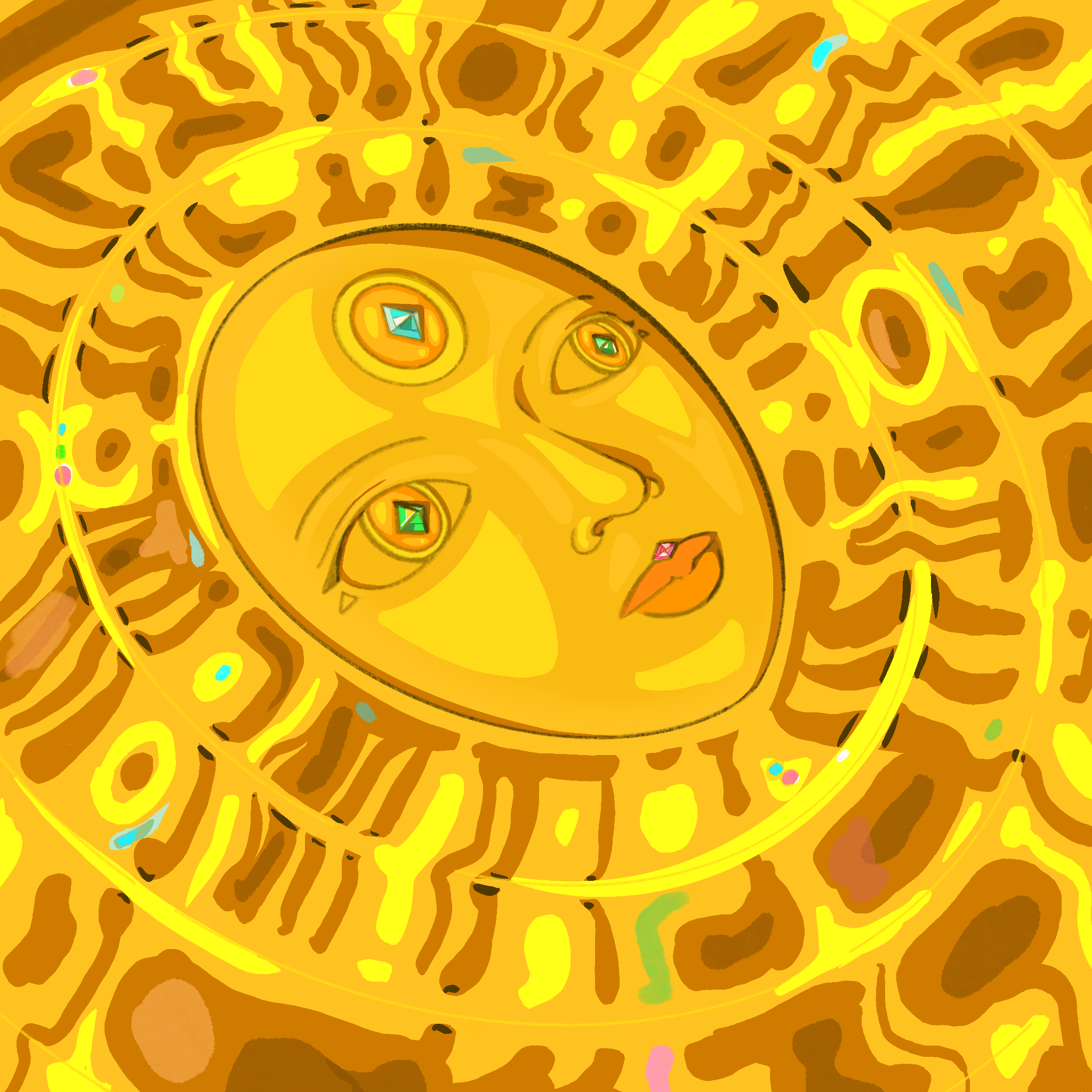 Abstract digital art with a spiral pattern composed of yellow and brown hues, featuring small colorful accents and diamond-shaped elements.
