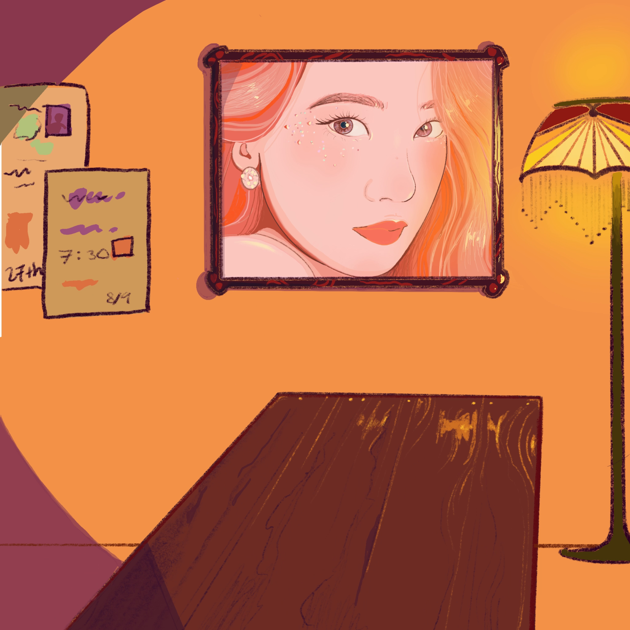 Close-up of a digitally illustrated woman’s face framed on a computer screen, with abstract office surroundings including a lamp and notes on the wall.