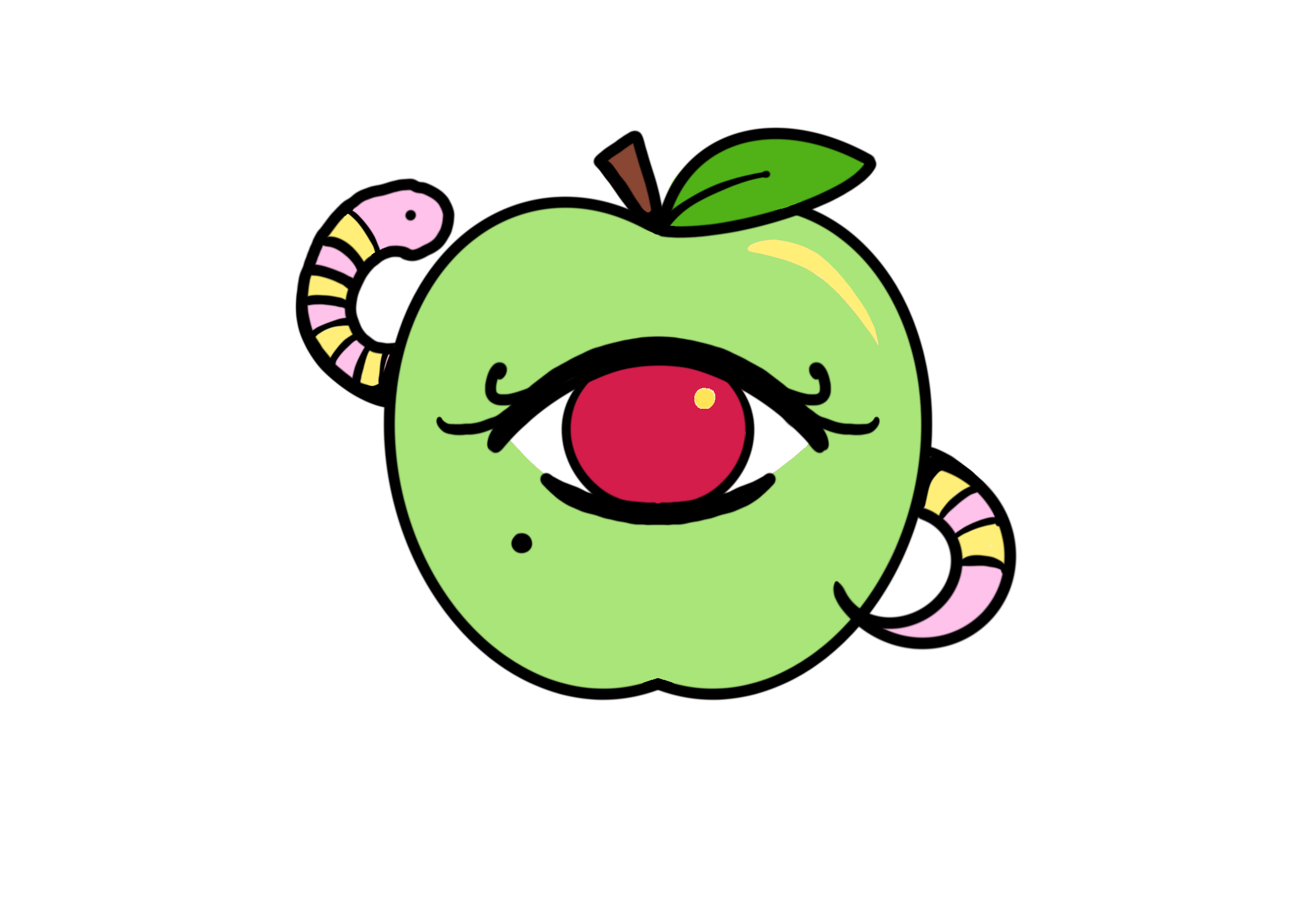 A cartoon illustration of a green apple with a smiling face, closed eyes, a red nose, a small leaf on top, and a pink and yellow striped worm around it.