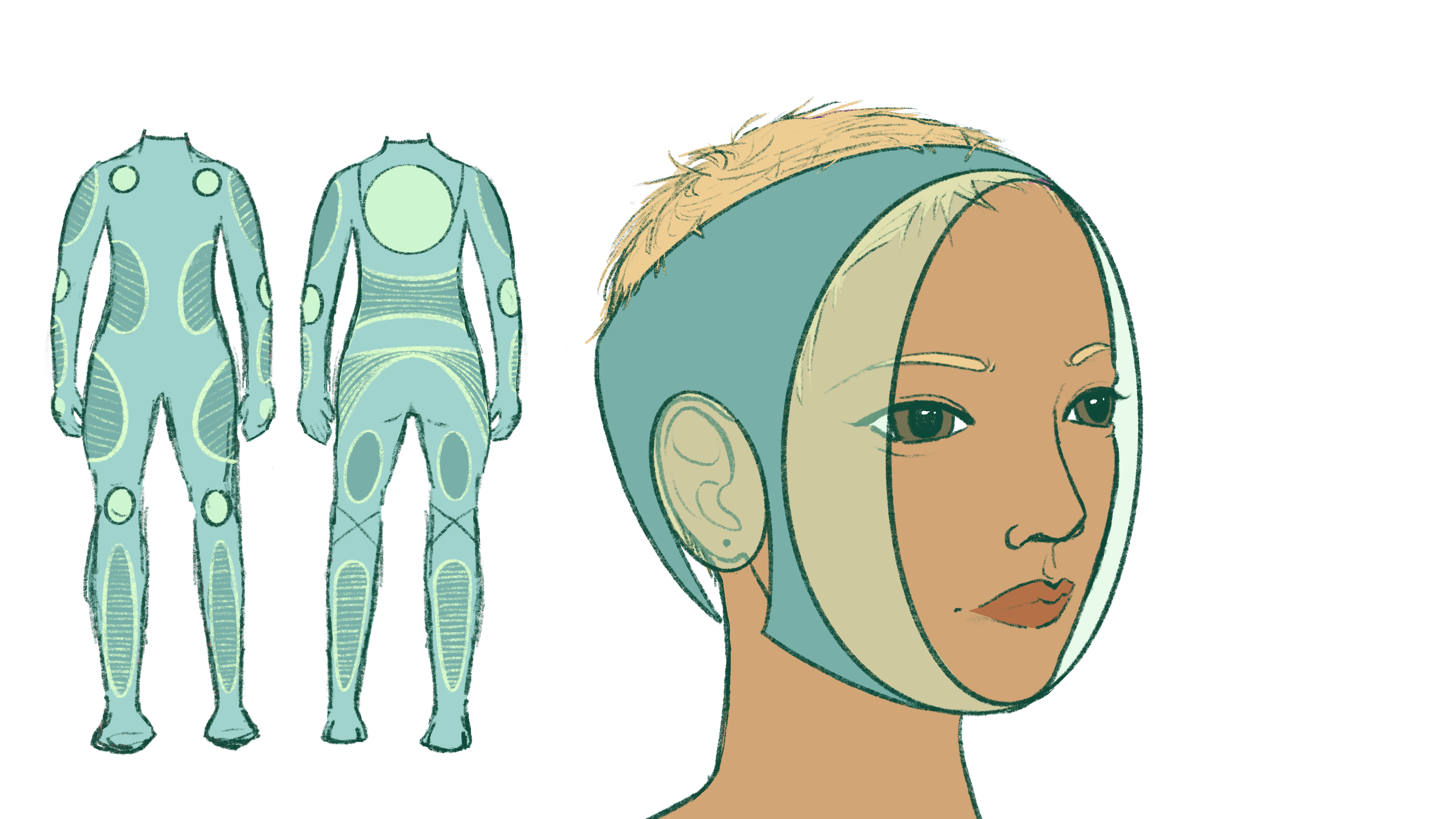 Illustration of the human nervous system with two views of the full body, showing nerves, and a side face with an anatomical overlay highlighting facial nerves.
