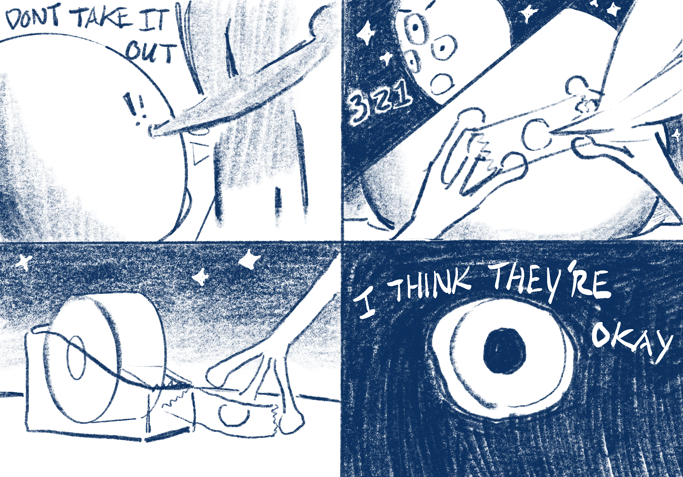 A hand-drawn comic panel in blue ink with multiple speech bubbles and images. One speech bubble says "DON'T TAKE IT OUT" and another says "I THINK THEY'RE OKAY." The panel features various objects like a microphone, game controller, and a person wearing a shirt with the words "THANK YOU". There are also decorative stars and a smiling face in the background.