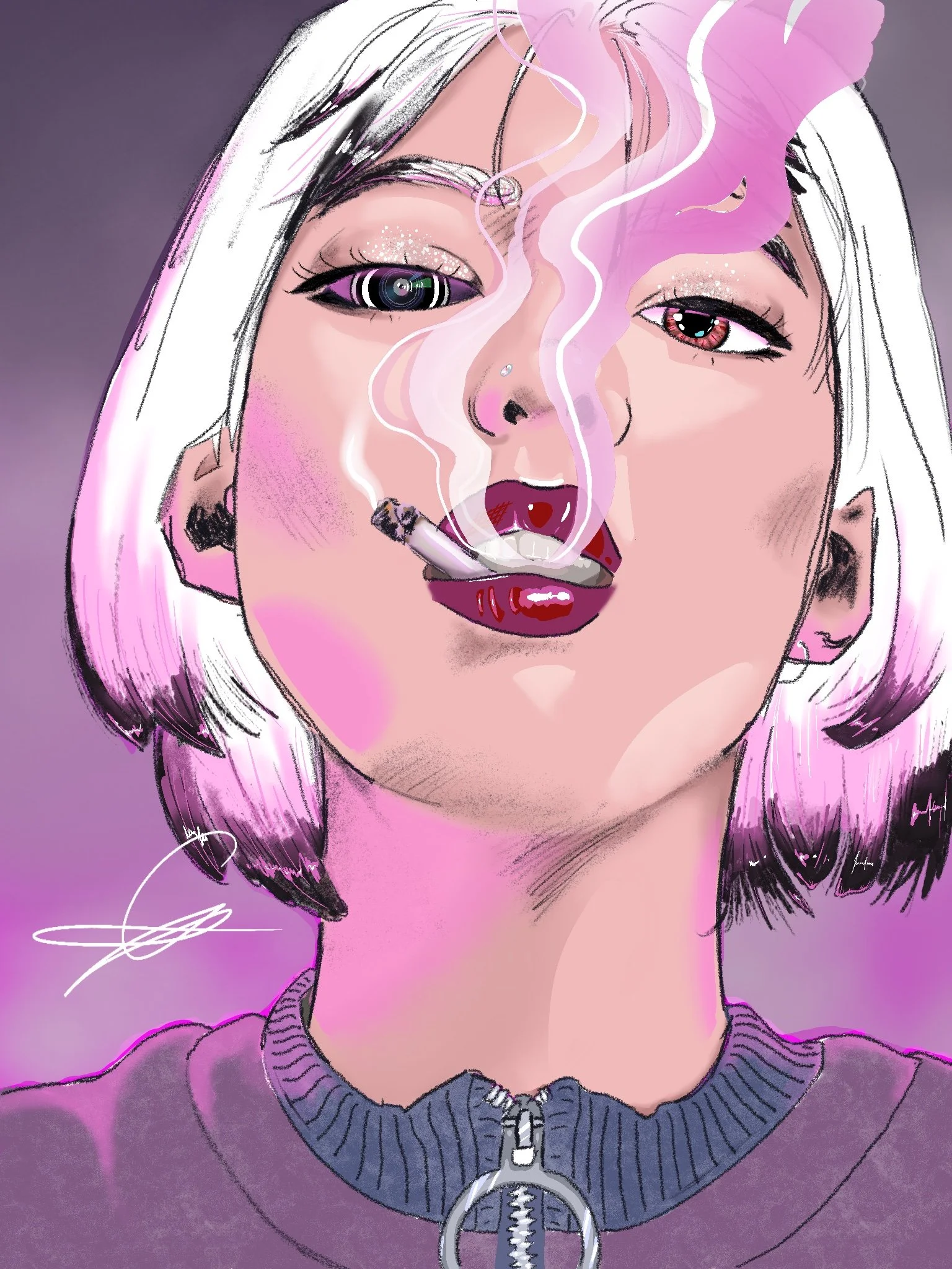 A digital drawing of a woman with short, platinum blonde hair with pink streaks, wearing a dark purple zip-up sweater with a ring zipper pull, smoking a cigarette with pink smoke swirling in front of her face. She has heavy makeup, including glittery