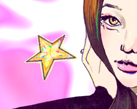 An illustrated woman with long, dark brown hair, one eye visible, touching her ear, with a pink and white background and a yellow star with colorful details in the background.