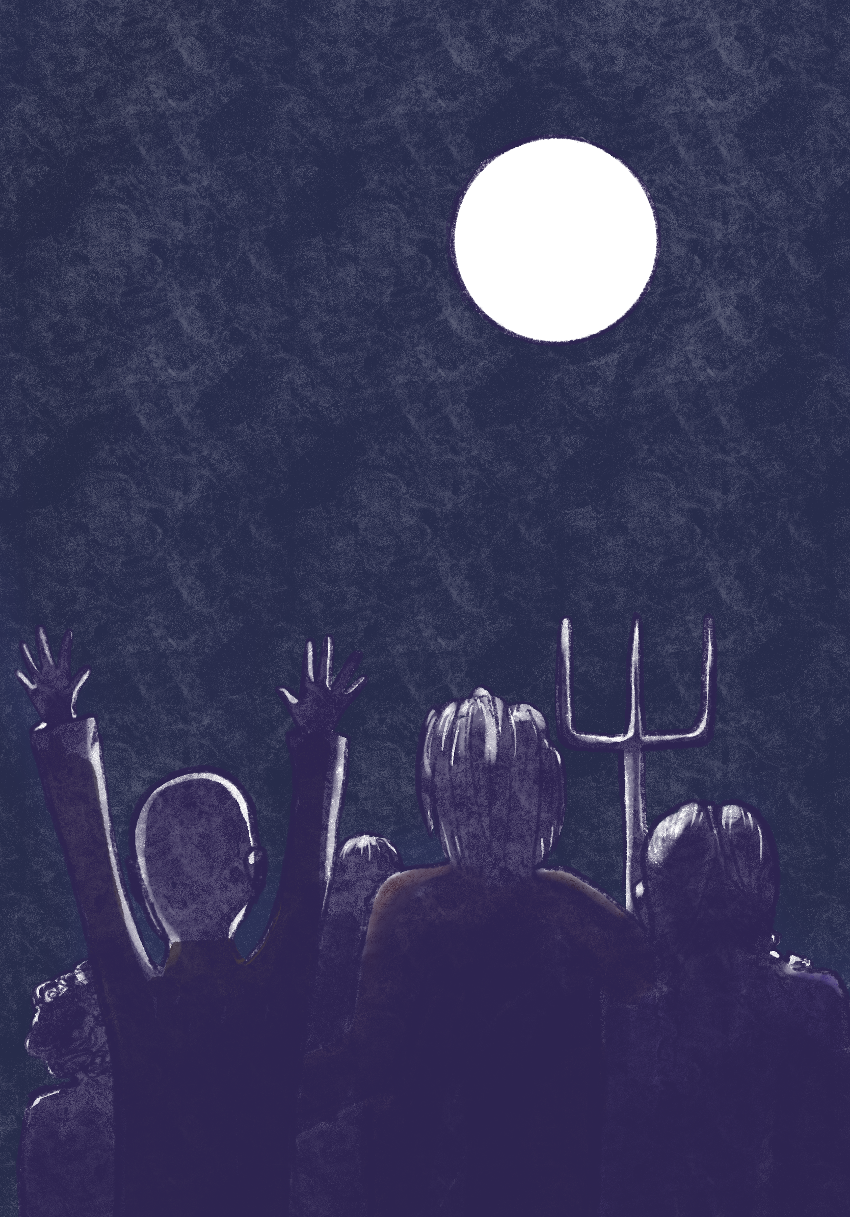 Children sitting on the grass at night, facing a large full moon in the sky, with some raising their hands.