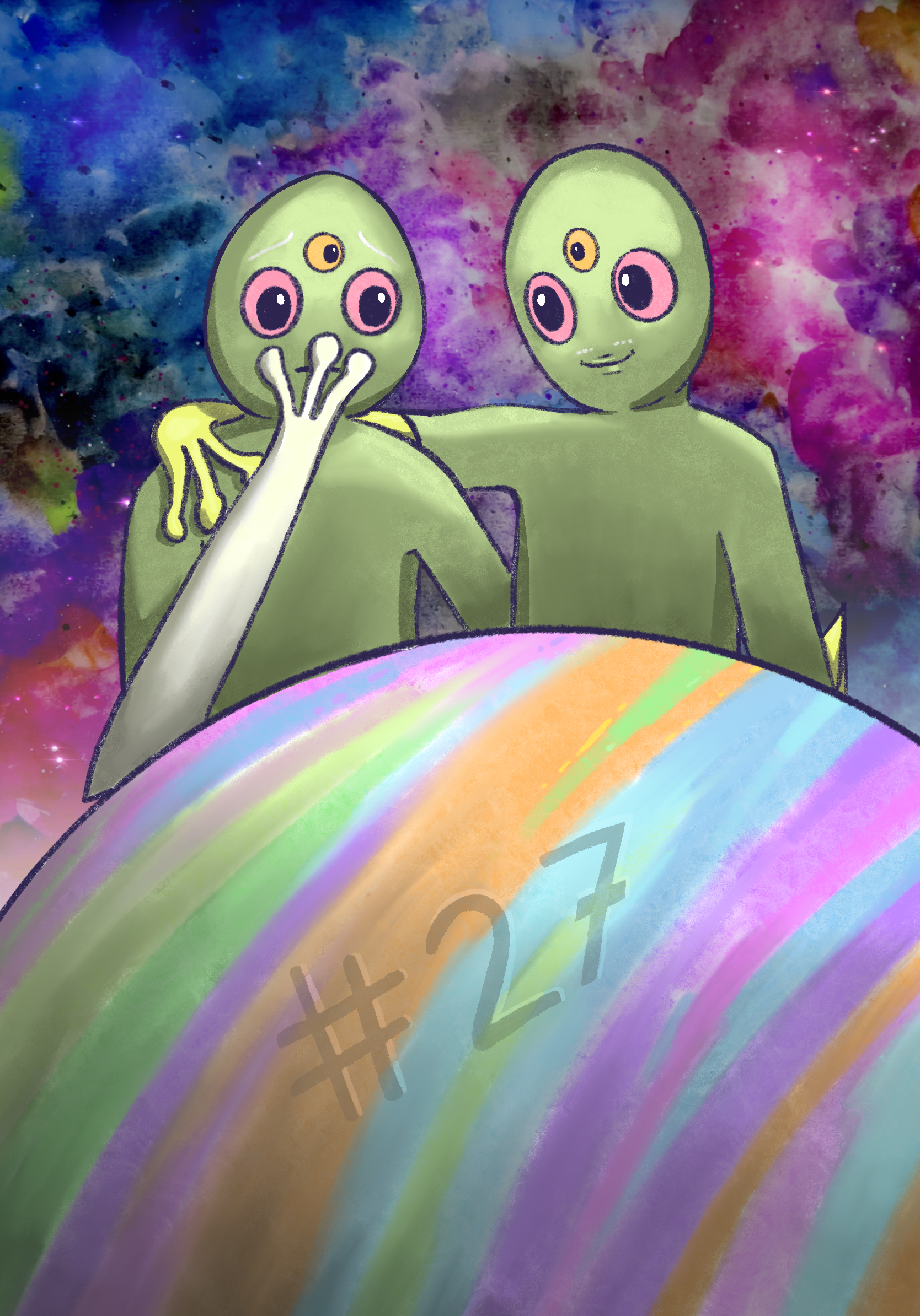 Drawing of two green aliens with pink eyes and a third eye on their forehead, standing behind a rainbow with Earth-like terrain and colorful nebula in the background.