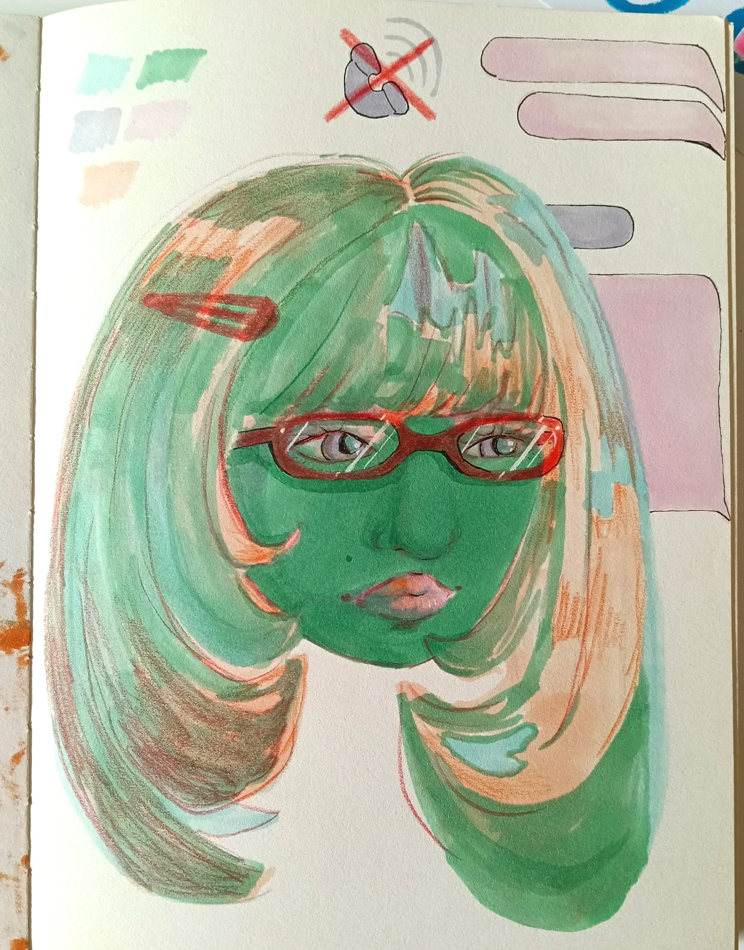 Hand-drawn portrait of a person with green hair, glasses, and full lips, colored with markers, with a color palette and speech bubbles in the background.
