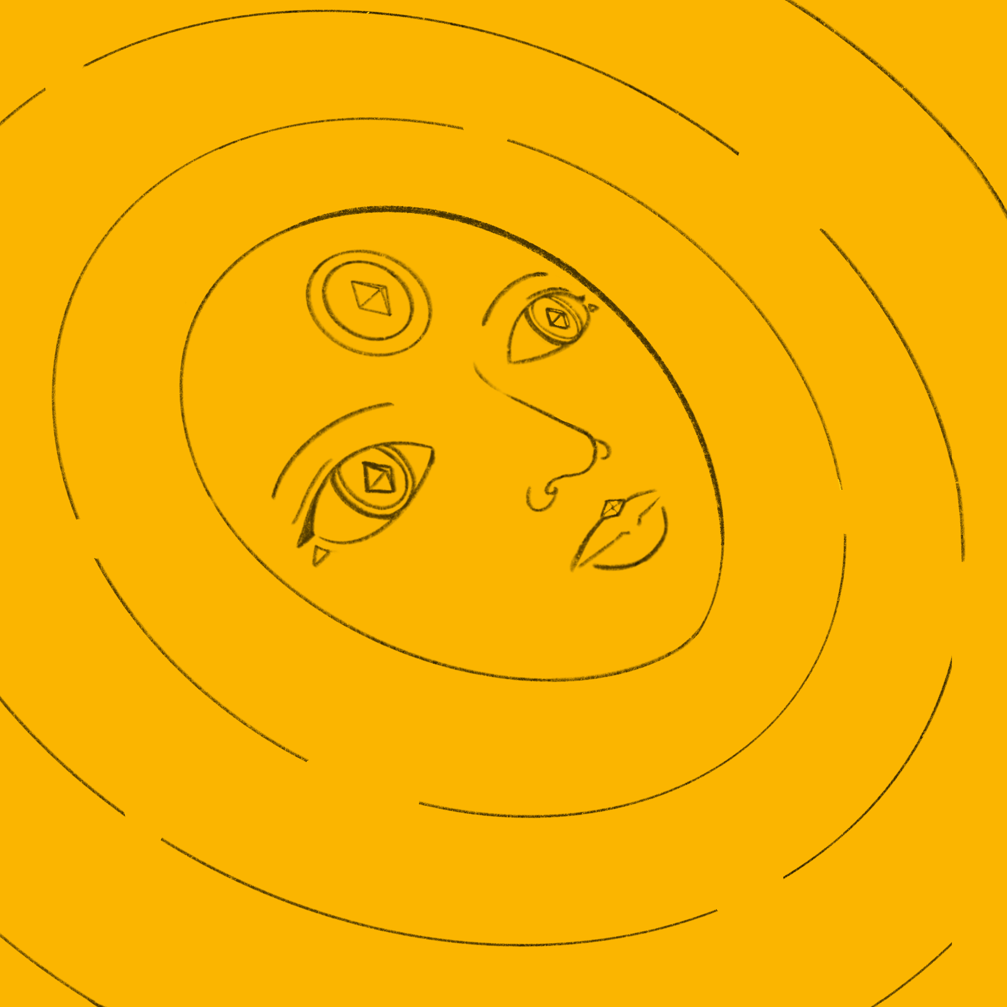 This is a digitally drawn illustration of a woman's face with spiral patterns in her eyes, set against a mustard yellow background with spiral lines.