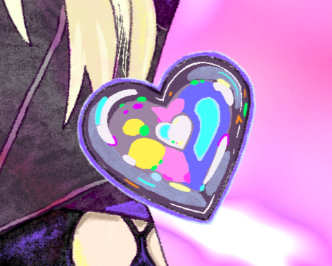 Close-up of a holographic heart-shaped sticker or ornament held next to a person's body, with a pink blurred background.