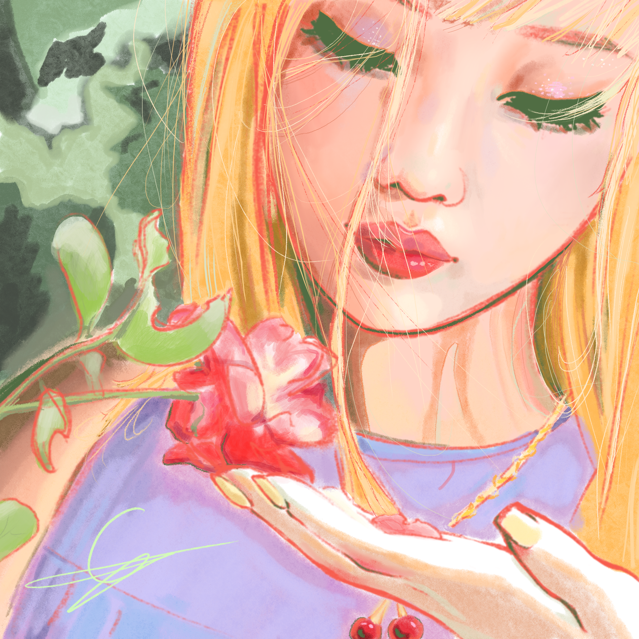 A close-up digital illustration of a female face with blonde hair, closed eyes, pink lips, and a background featuring abstract greenery and colorful patterns.