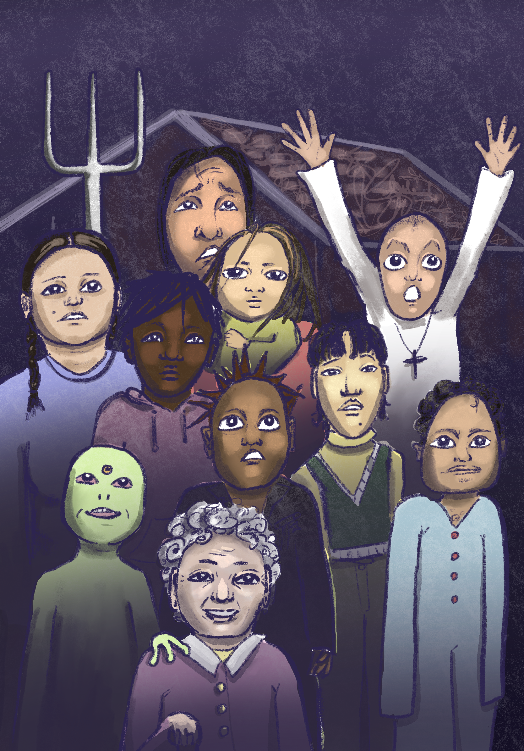 Illustration of diverse young girls and one older woman, some with facial expressions of concern or curiosity, and one girl with arms raised in excitement or surprise, set against a dark background with other figures and abstract shapes.