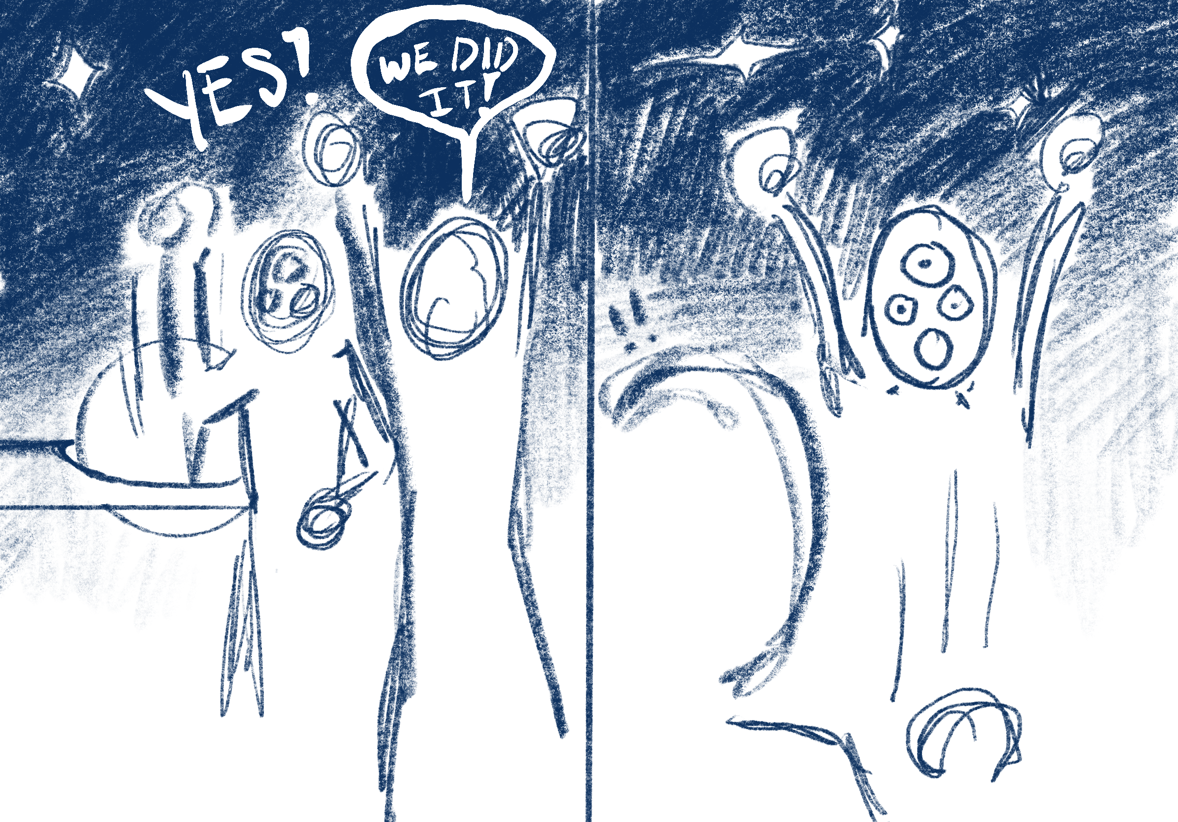 A sketch of two people in front of a speaker, celebrating with speech bubbles saying 'YES!' and 'WE DID IT'.