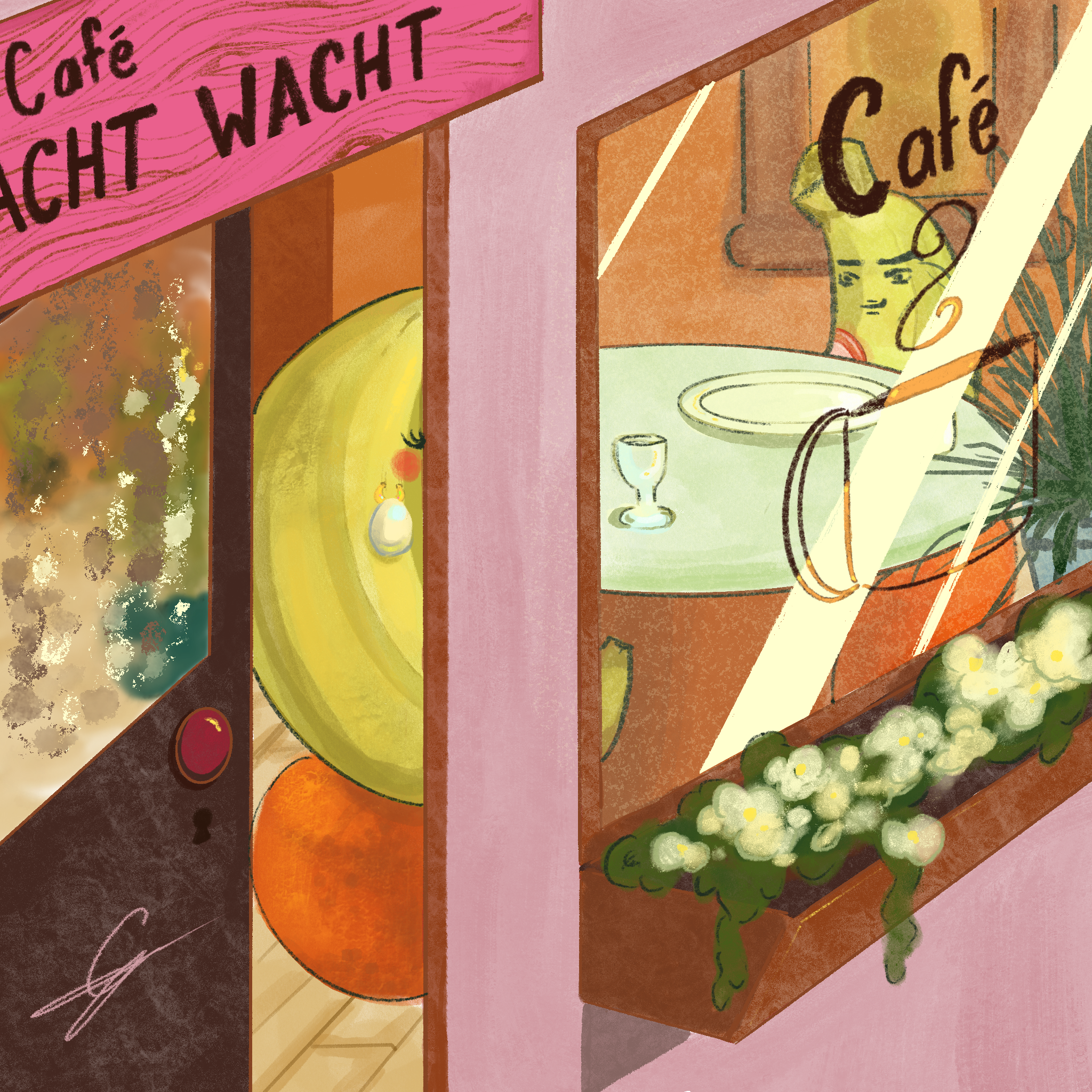 Colorful illustration of a cafe scene with a pink sign reading 'Café' and 'Wacht', a banana with blonde hair and earrings, a table with a wine glass, and greenery outside.
