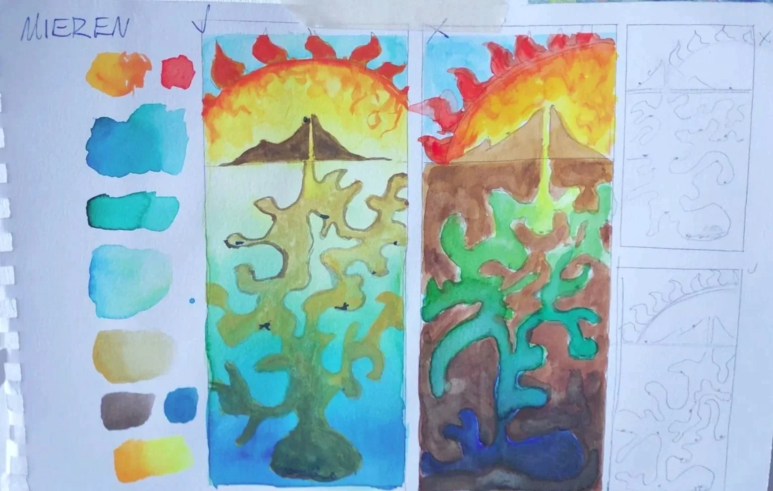 A hand-painted illustration of the life cycle of a tree, showing a seed, a sprout, a mature tree, and a fallen leaf, with color palettes on the left and preliminary sketches on the right.