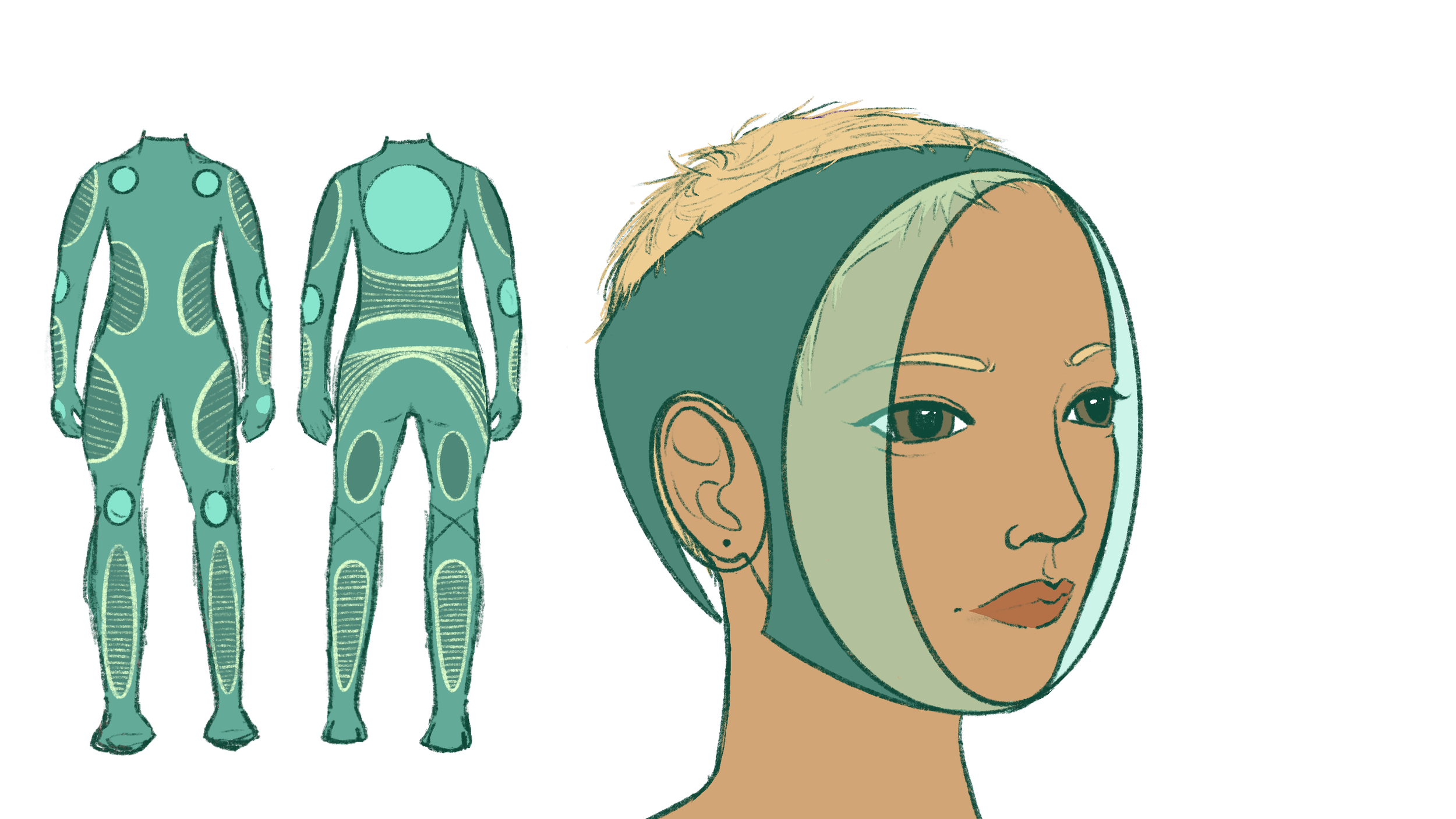 Illustration of a woman's face with a side view mirror showing her face and hair, and two completed diagram poses of a human figure with detailed muscle and body outlines.