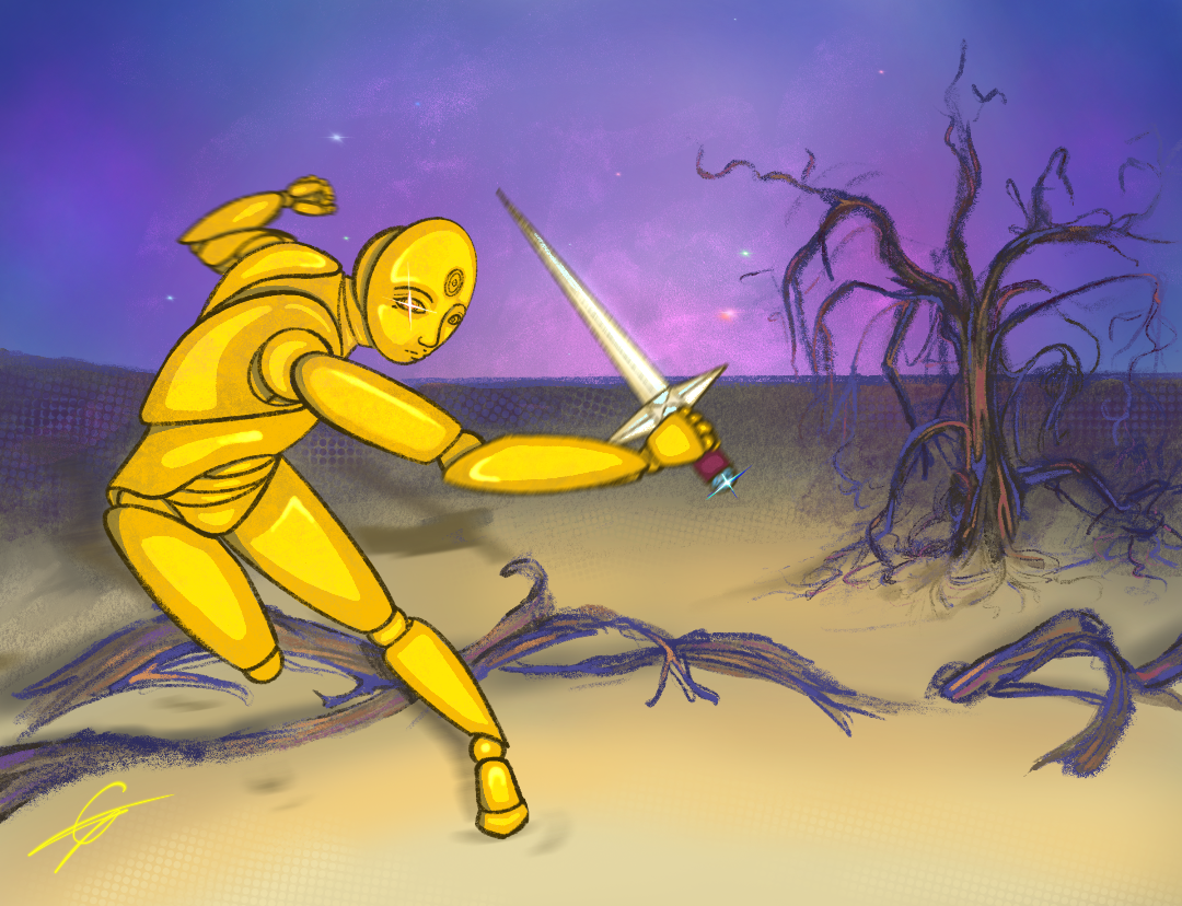A golden robot wielding a sword fighting a dead tree in a surreal, purple-hued landscape.