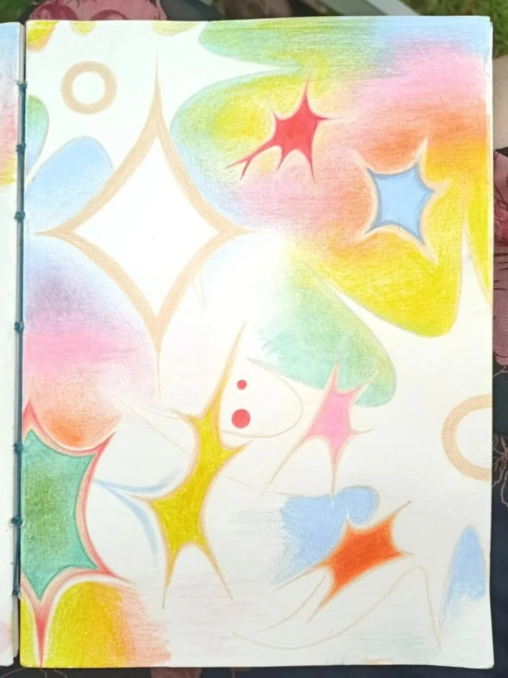 Colorful abstract pattern with starburst shapes in red, blue, orange, yellow, green, and pink, created with soft pastel colors.