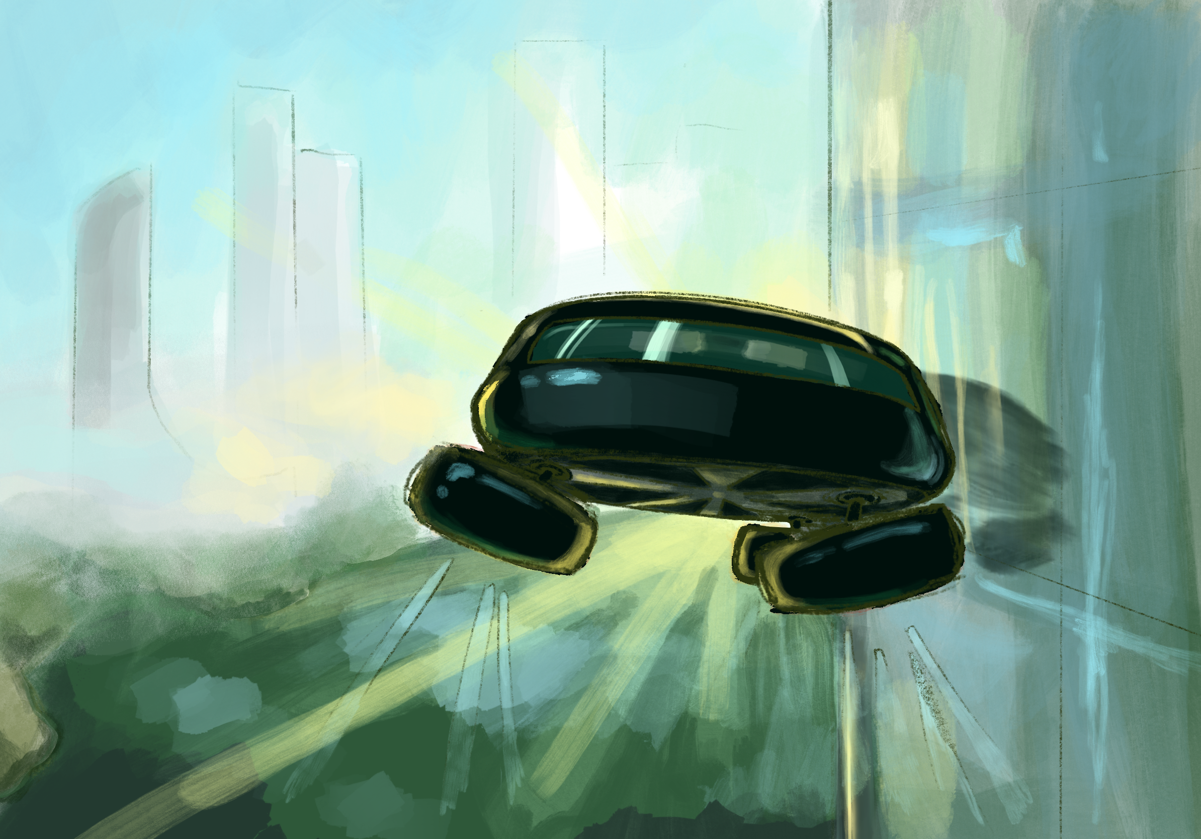 A stylized digital painting of a car on a city street, viewed from a low angle, with vibrant and abstract background colors.