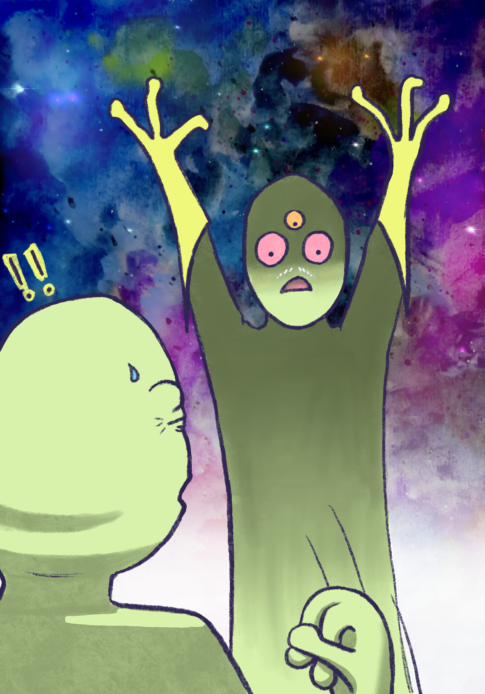 Animated cartoon character with green skin and pink eyes looking surprised with arms raised, set against a colorful galaxy background.
