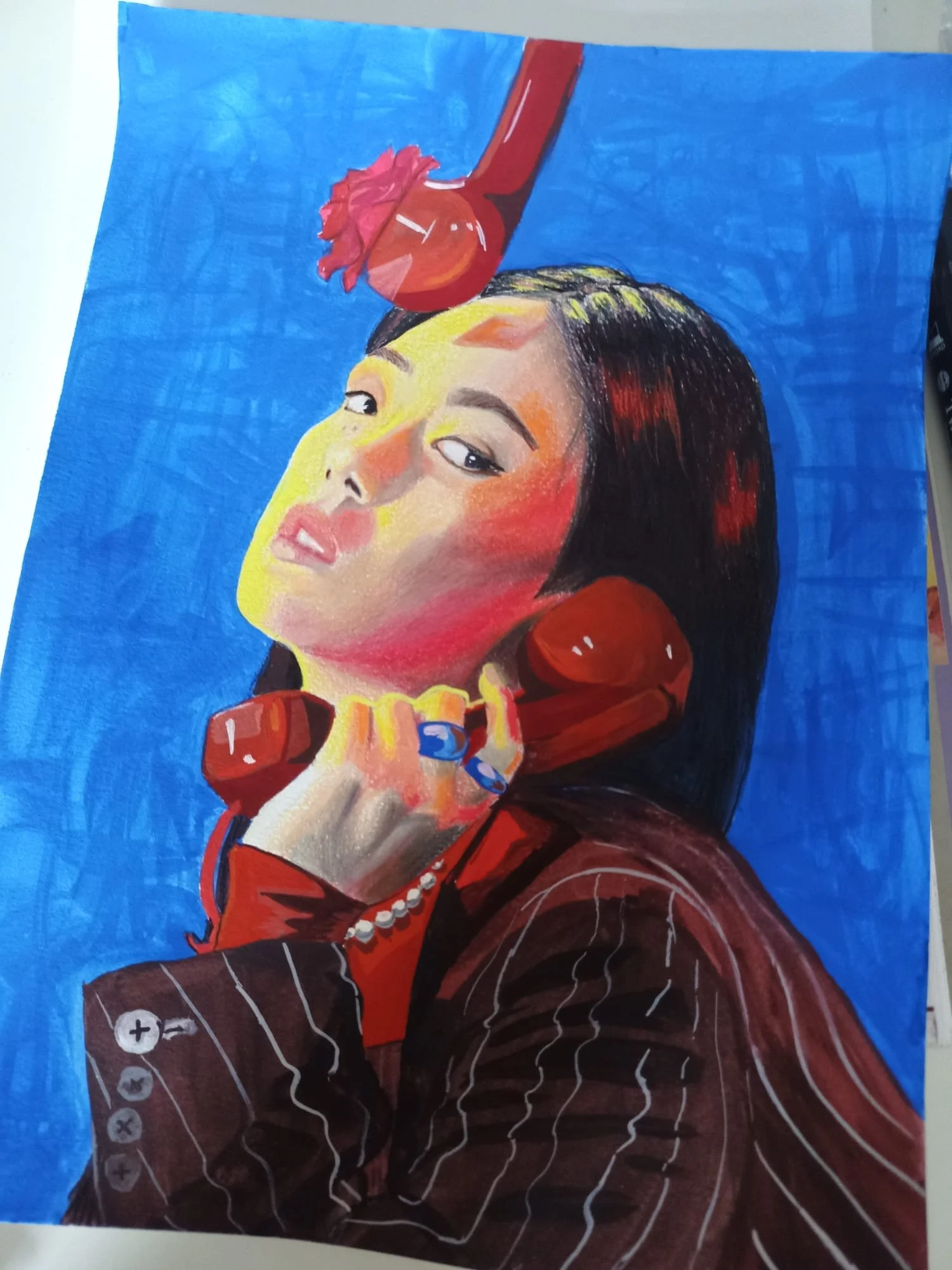 A colorful portrait of a woman with dark hair, wearing red earrings, a red top, and a necklace, against a blue background.