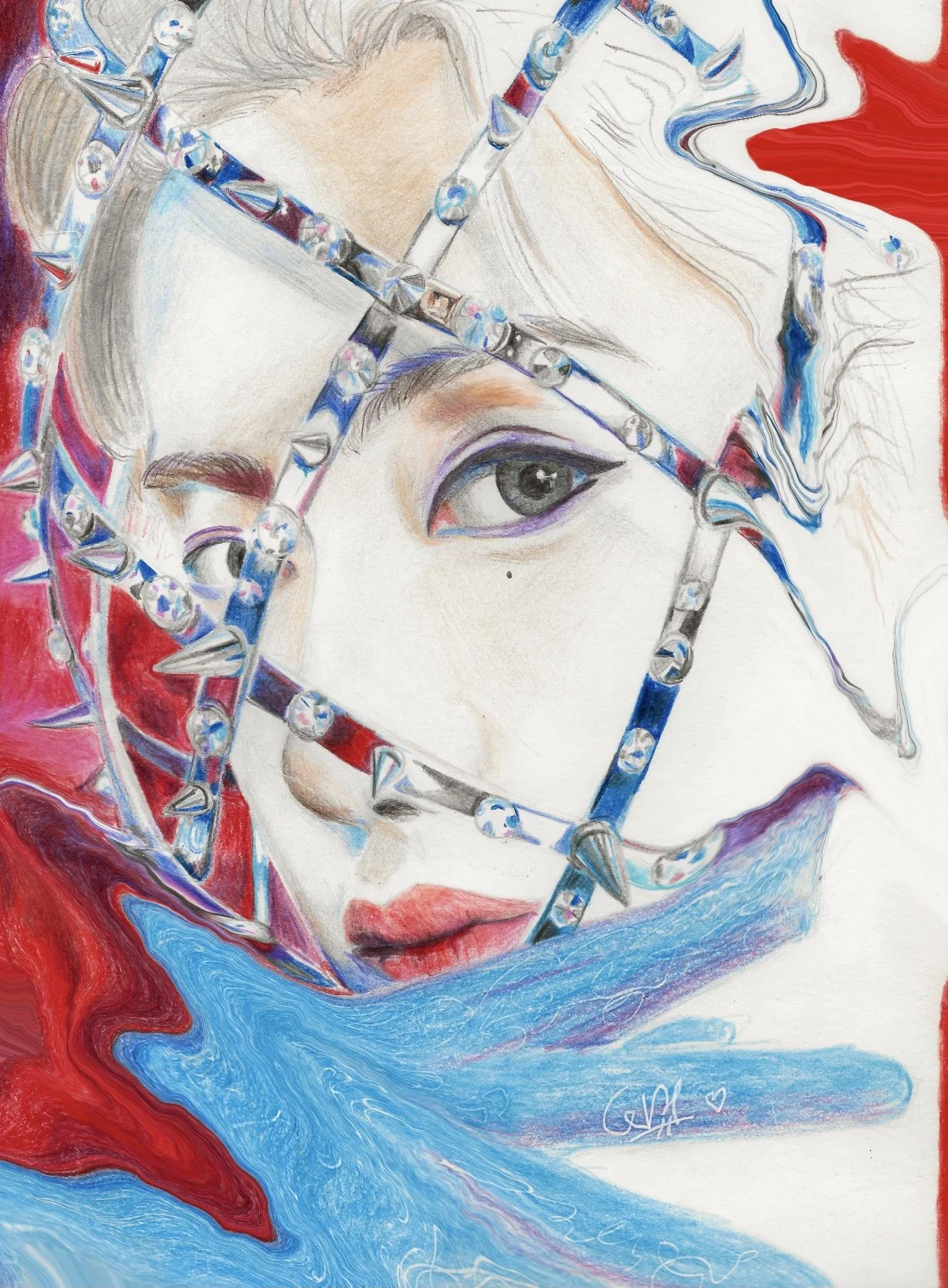 A mixed media artwork of a man’s face with detailed eye makeup, partially obscured by a geometric frame made of spikes and beads, with flowing red and blue backgrounds.