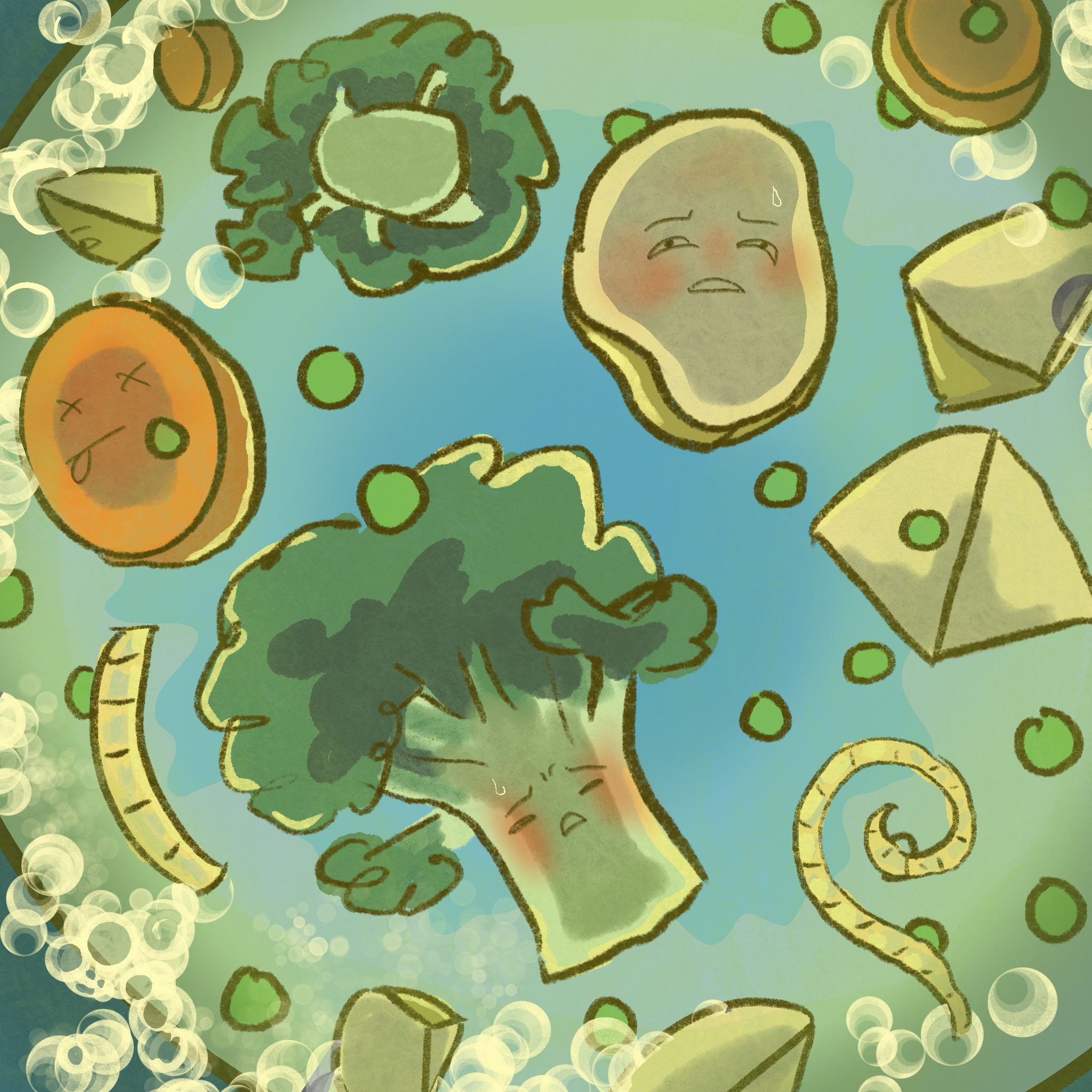 A digital illustration of various types of vegetables, including broccoli, carrots, and potatoes, depicted with comic-style outlines and a watercolor-like background.