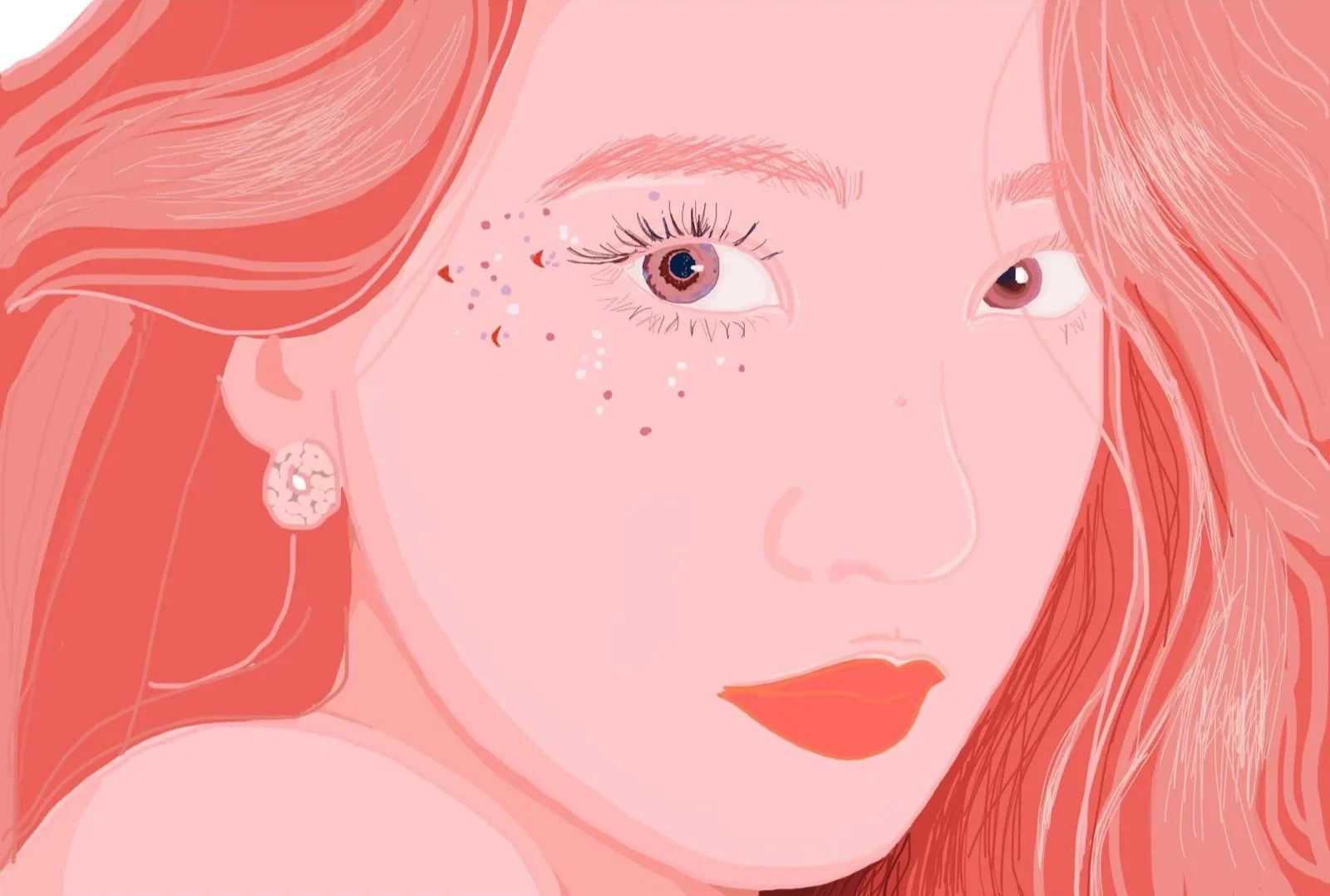 Digital illustration of a woman with long red hair, makeup, and decorative dots around her eye, wearing a flower-shaped earring.