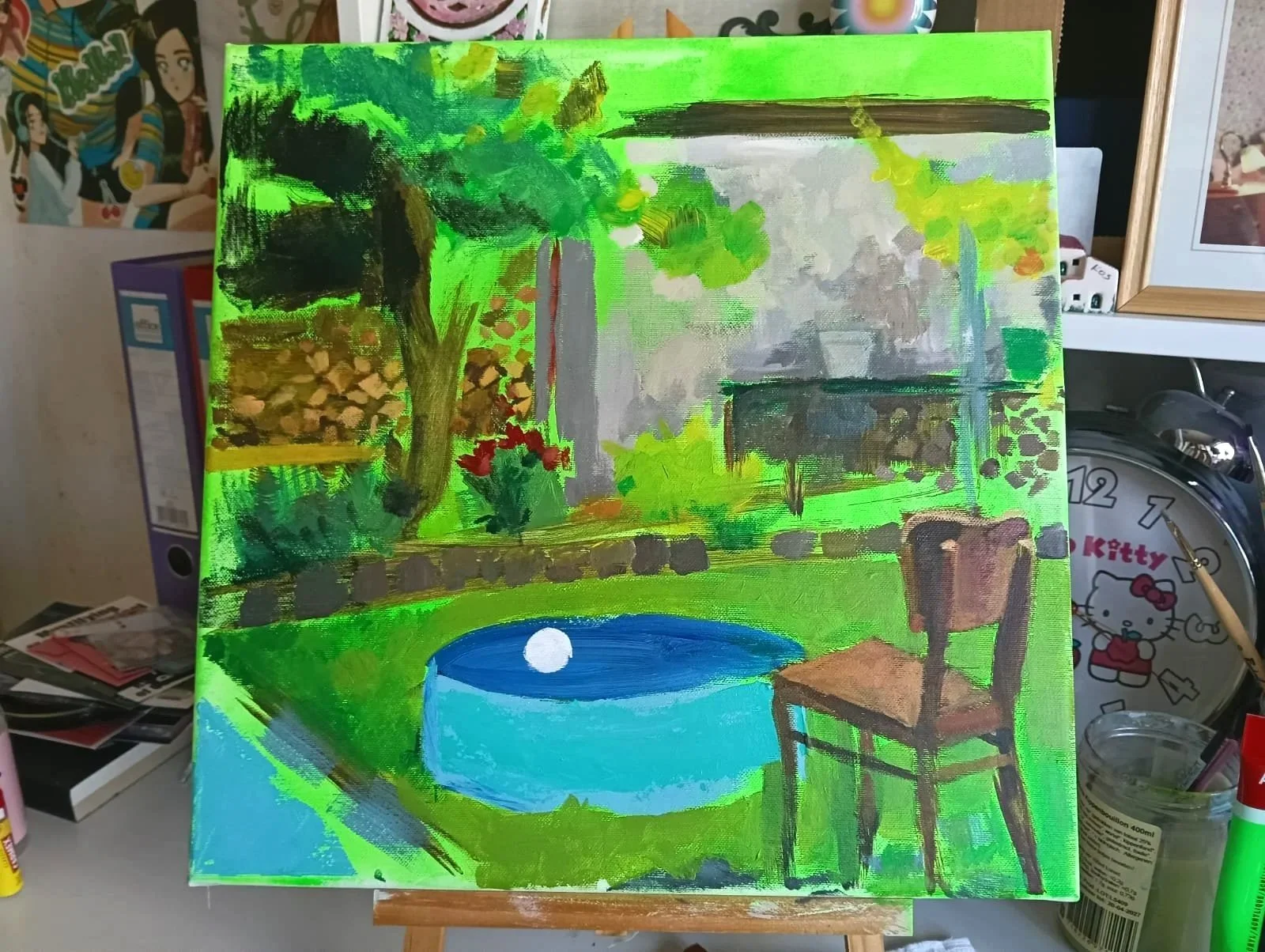 A colorful painting of a backyard scene with a tree, a small pond with a white ball in it, a wooden chair, and a background with a shed or greenhouse and a flower bed.