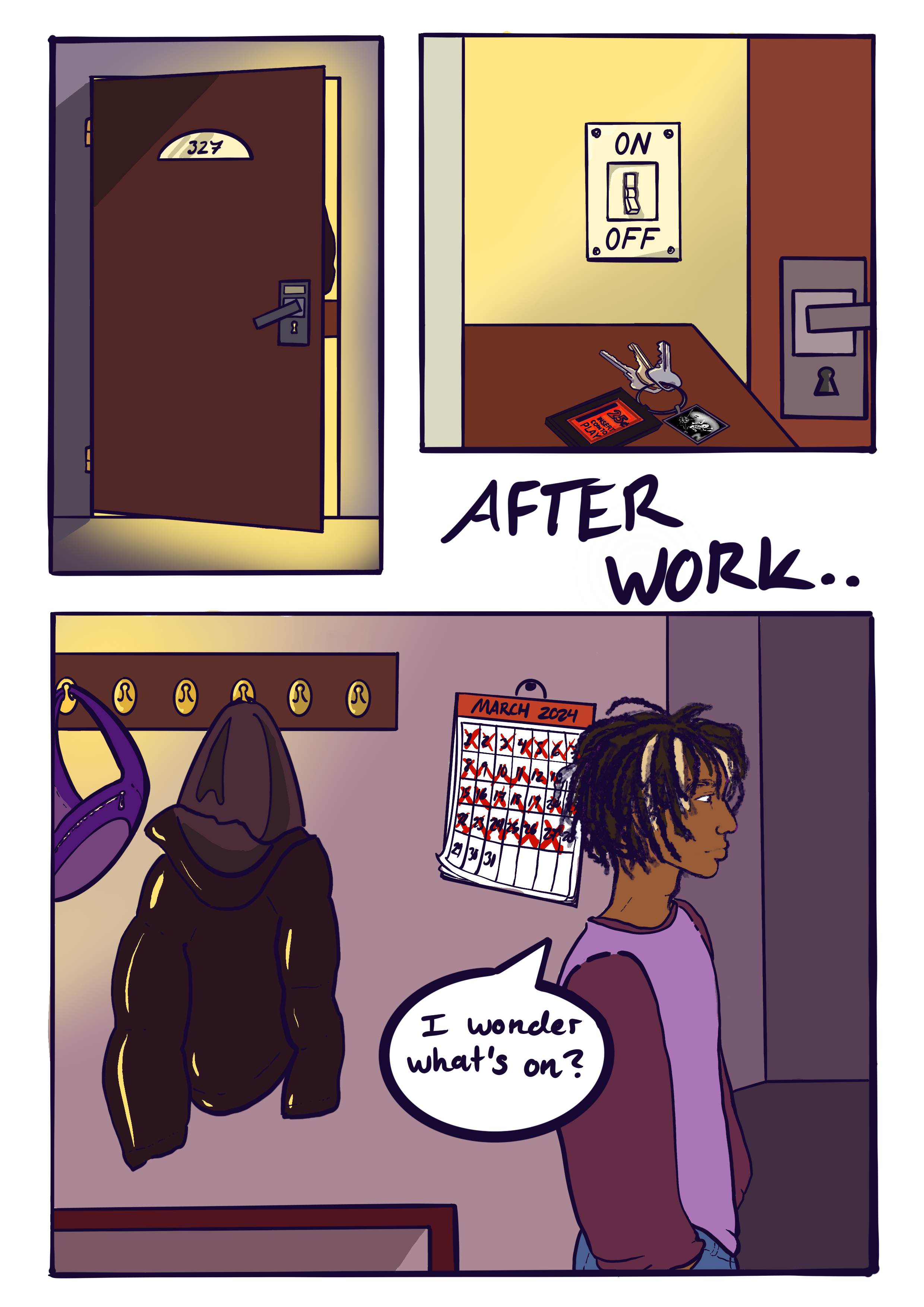 Two people standing in a room, one with dreadlocks and the other with a hoodie, near a calendar on the wall showing March 2024 and a set of hooks with keys hanging. A door with the number 327 is partially open, and there is a small area with a switch