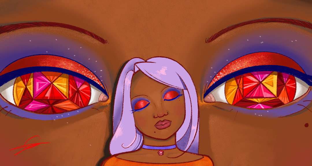 Digital illustration of a girl with silver hair and closed eyes, surrounded by large, stylized eyes with colorful, geometric irises, in a vibrant, abstract style.