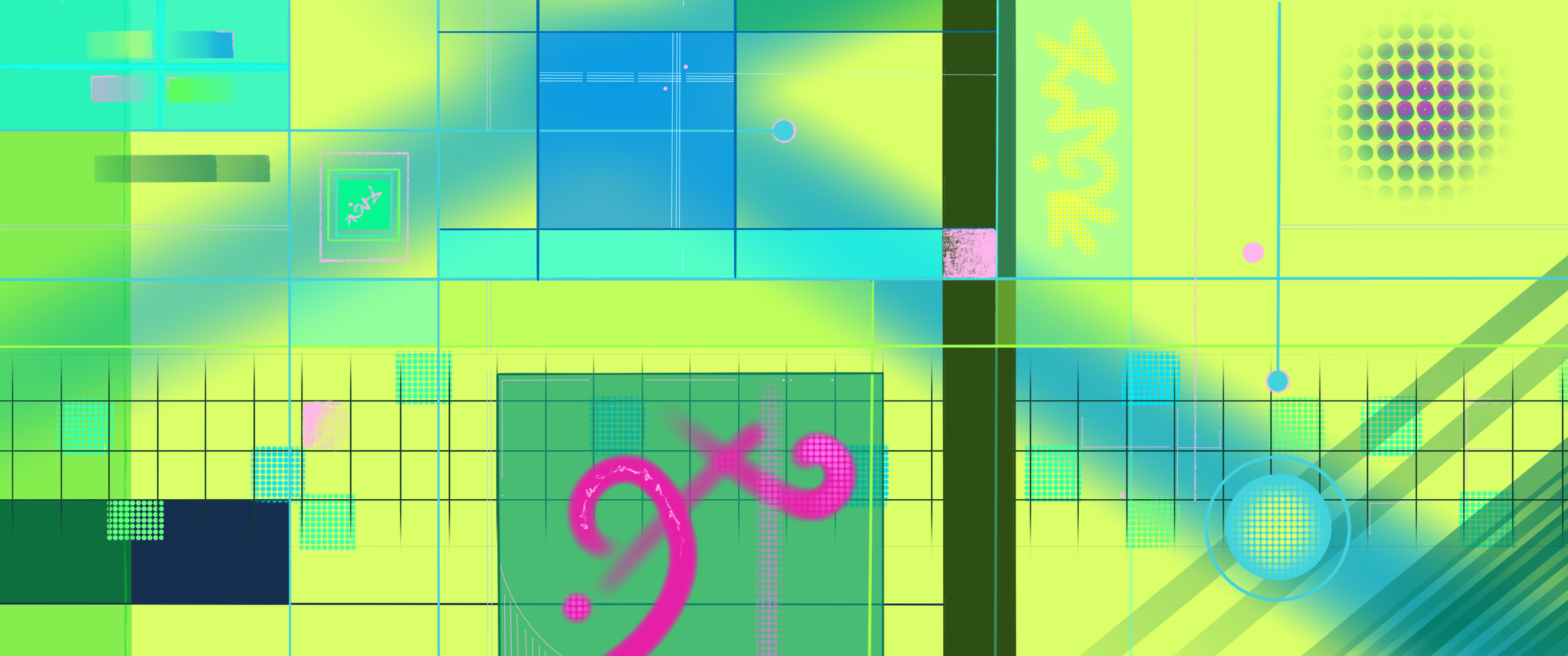 An abstract digital artwork featuring vibrant geometric shapes, grid patterns, and bright neon colors including green, blue, yellow, and pink with some text and symbols integrated into the design.