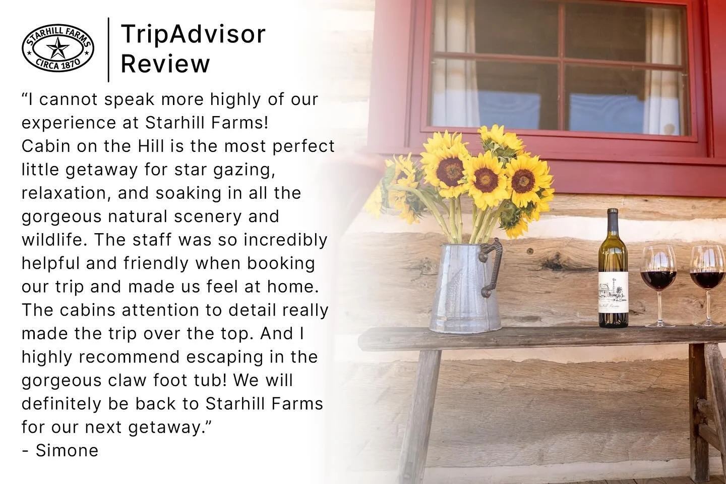 “The most perfect little getaway for star gazing, relaxation, and soaking in all the gorgeous natural scenery.” ✨
We love hearing how our guests enjoy their time at StarHill Farms! Thank you, Simone, for the kind words and for sharing yo
