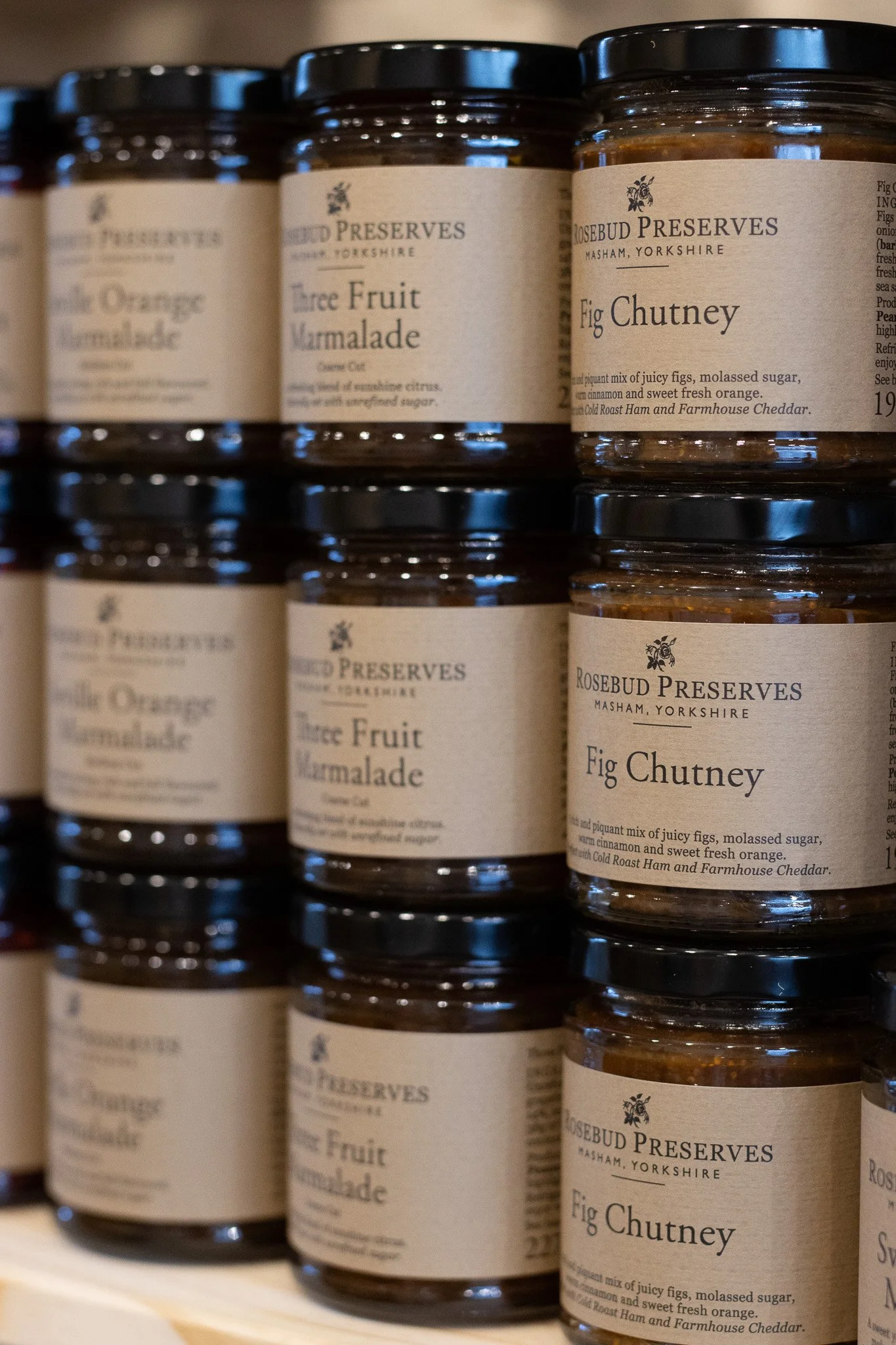Jars of Fig Chutney from Rosebud Preserves, Masham, Yorkshire. The Cotswold Farm. 